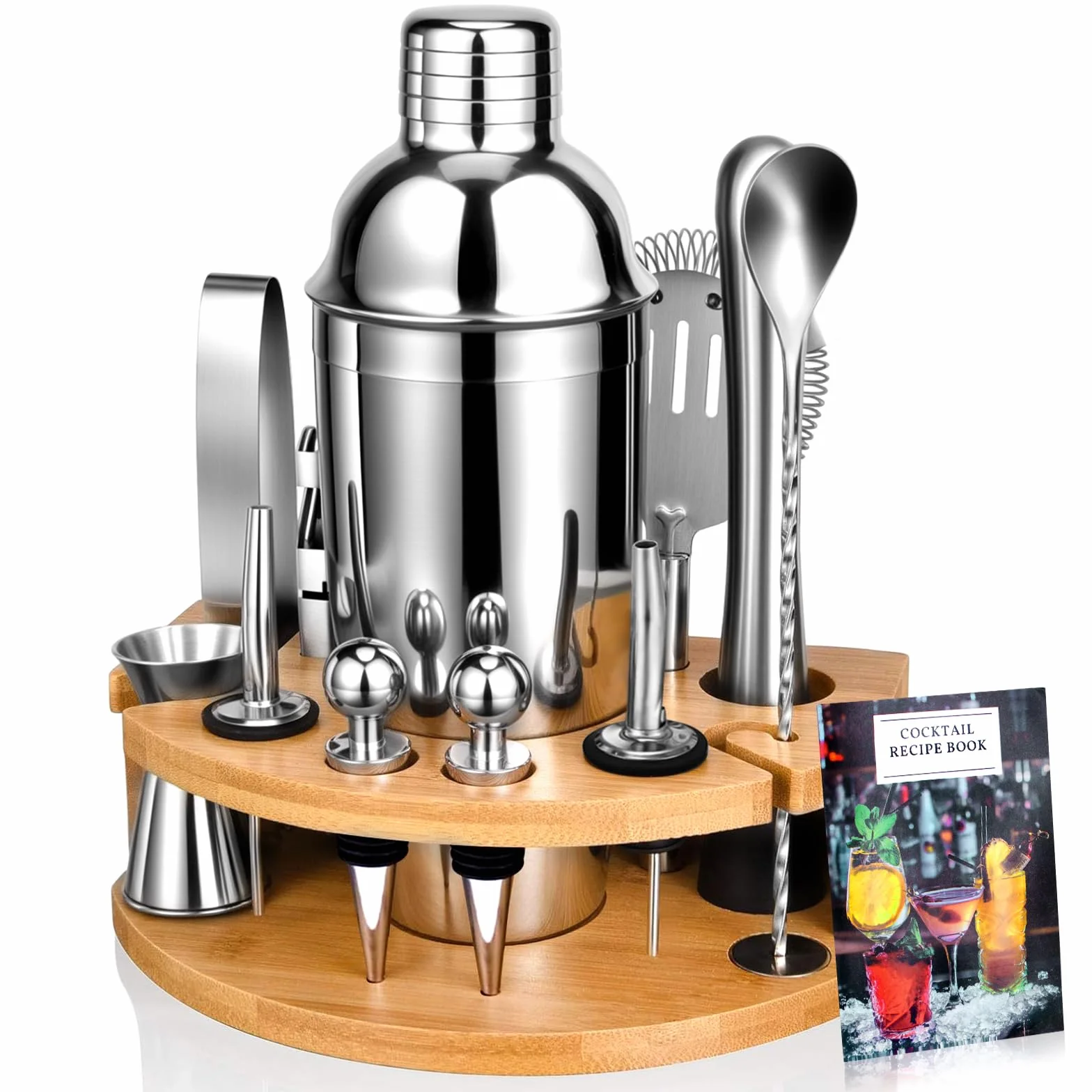 AOKITO Set Cocktail, Kit Cocktail Professionale in Acciaio Inossidabile da 12 Pezzi, Shaker da 750 ml, Kit Barman con Supporto in Legno per La Casa o il Bar