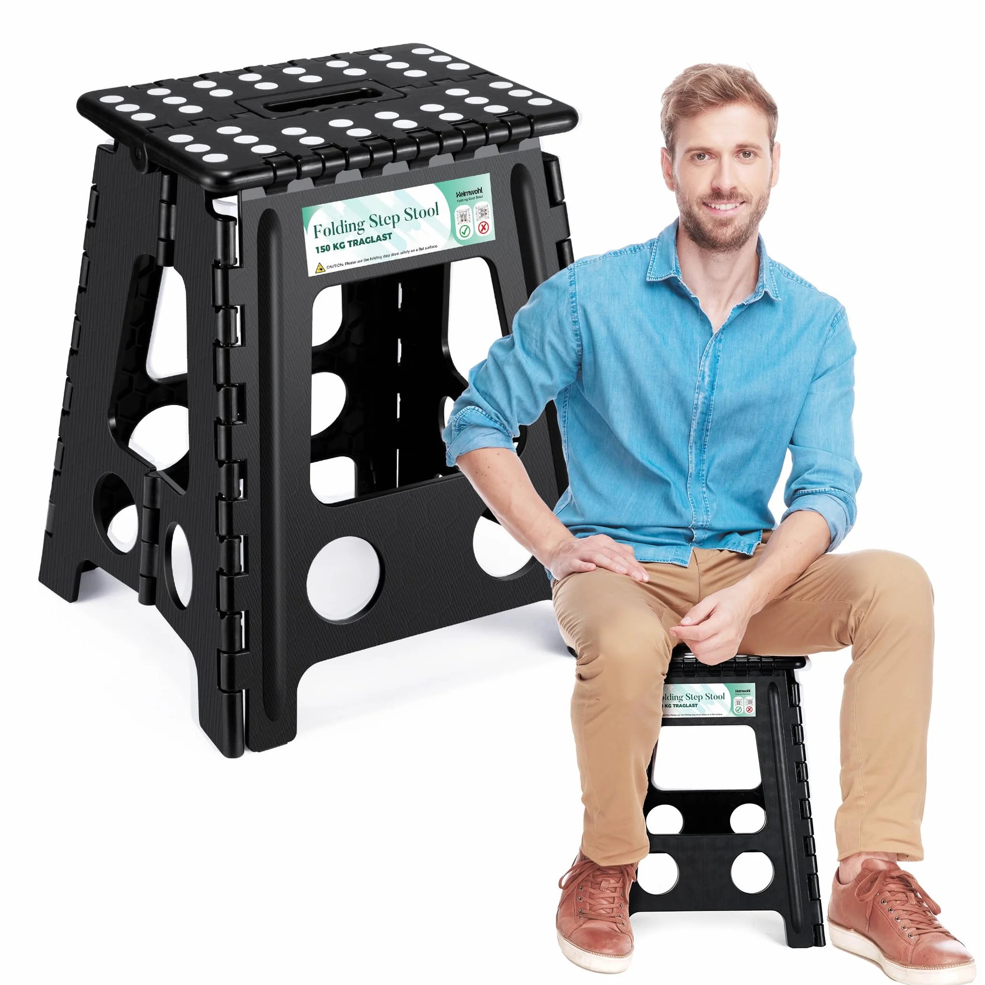 Sgabello pieghevole da 40 cm, nero 2025, con capacità di carico di 150 kg, sgabello pieghevole con blocco di sicurezza e manico girevole, ideale per casa, ufficio, esterno e cura
