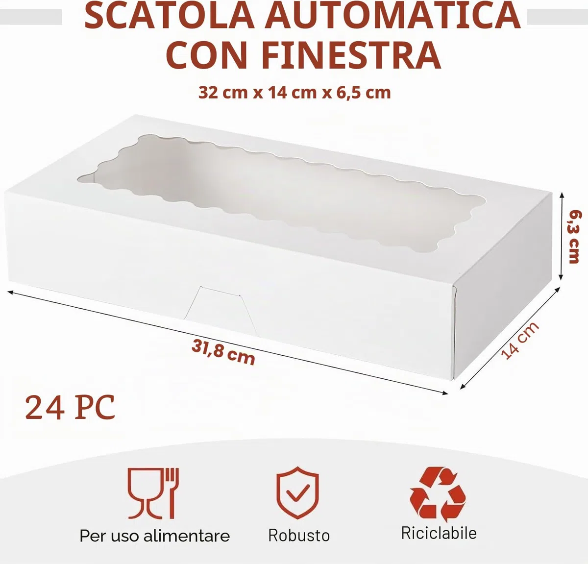 KAHEIGN 24 Pezzi Scatole per Biscotti con Finestra, 32CM x 14CM x 6.5CM Grandi Scatole Bianche per Pasticceria Quadrate Scatole per Dolcetti Torte Ciambelle Cioccolato Ricoperte Fragole Muffin Torte