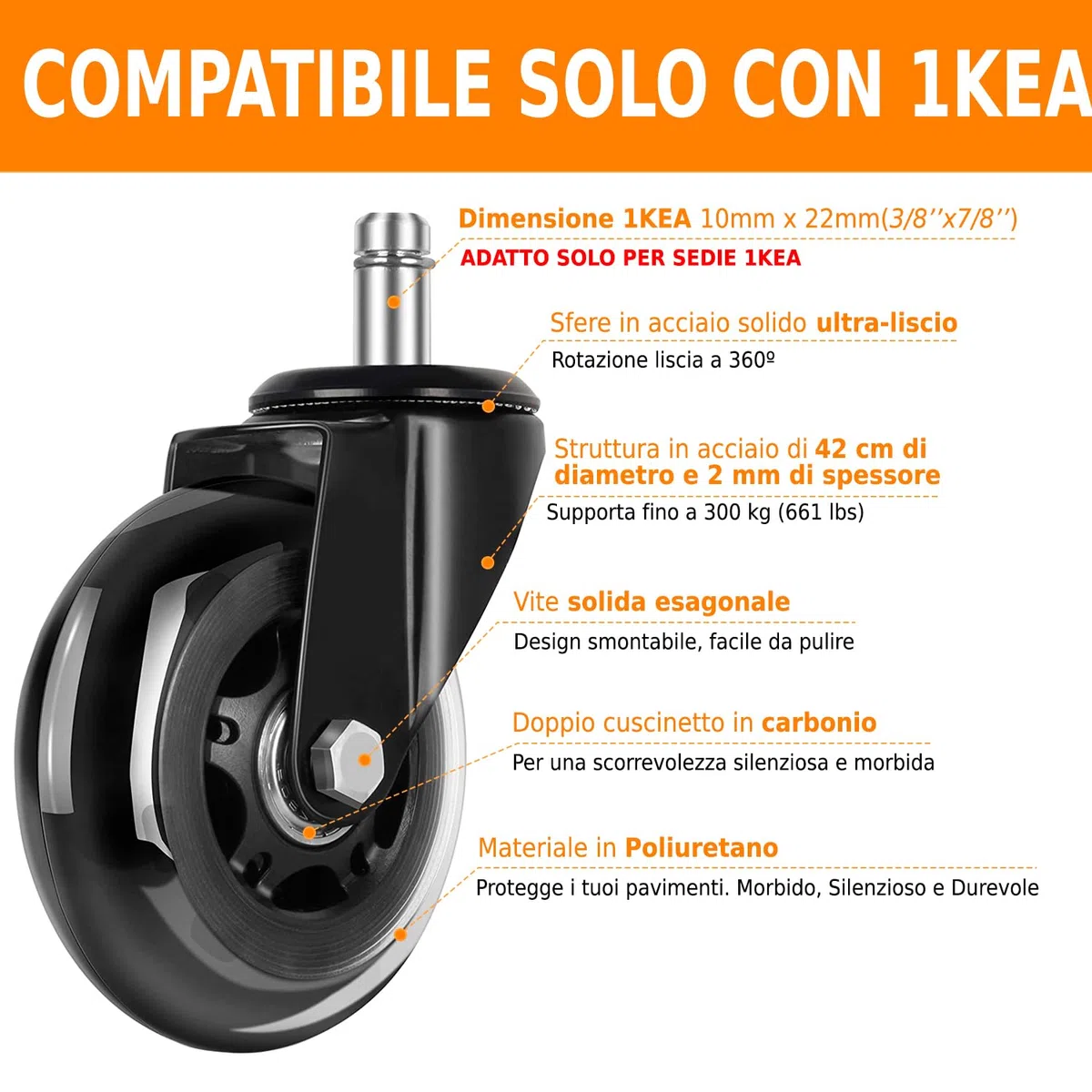 Ruote Sedia Ufficio 10x22mm Compatibile con Sedie IKEA - Rotelle Sedia Ufficio Parquet per Sedia Gaming da 10mm - 5 PCS di Ricambio in Gomma o Silicone Resistenti che Supportano Fino a 300 kg