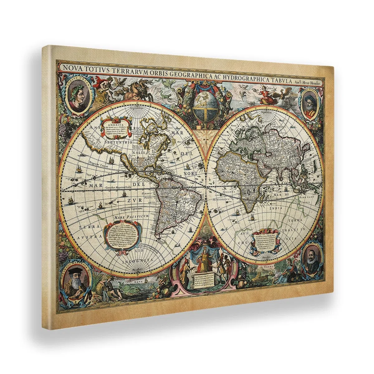 Giallobus - Quadro - Mappa del mondo Nova Terrarum Orbis - Tela Canvas Telaio Standard - 100L x 70l cm - Pronto da appendere - Quadri moderni per la casa