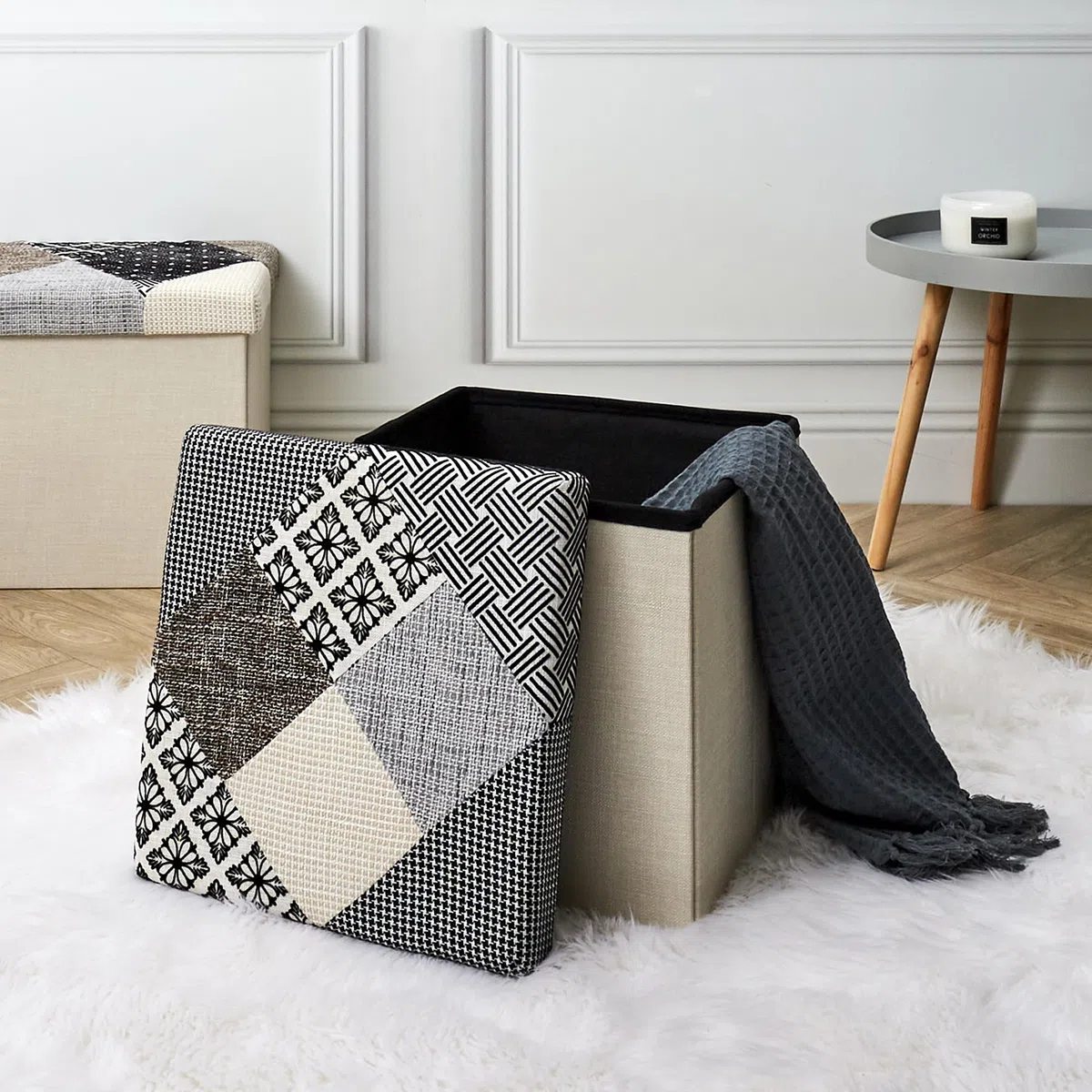 HOME DECO FACTORY HD7491 Pouf Patchwork Mobili Seduta Baule Panca Pieghevole Entree Soggiorno Camera Da Pranzo, Grigio, Bianco, Nero, Beige, 38x38x38 cm