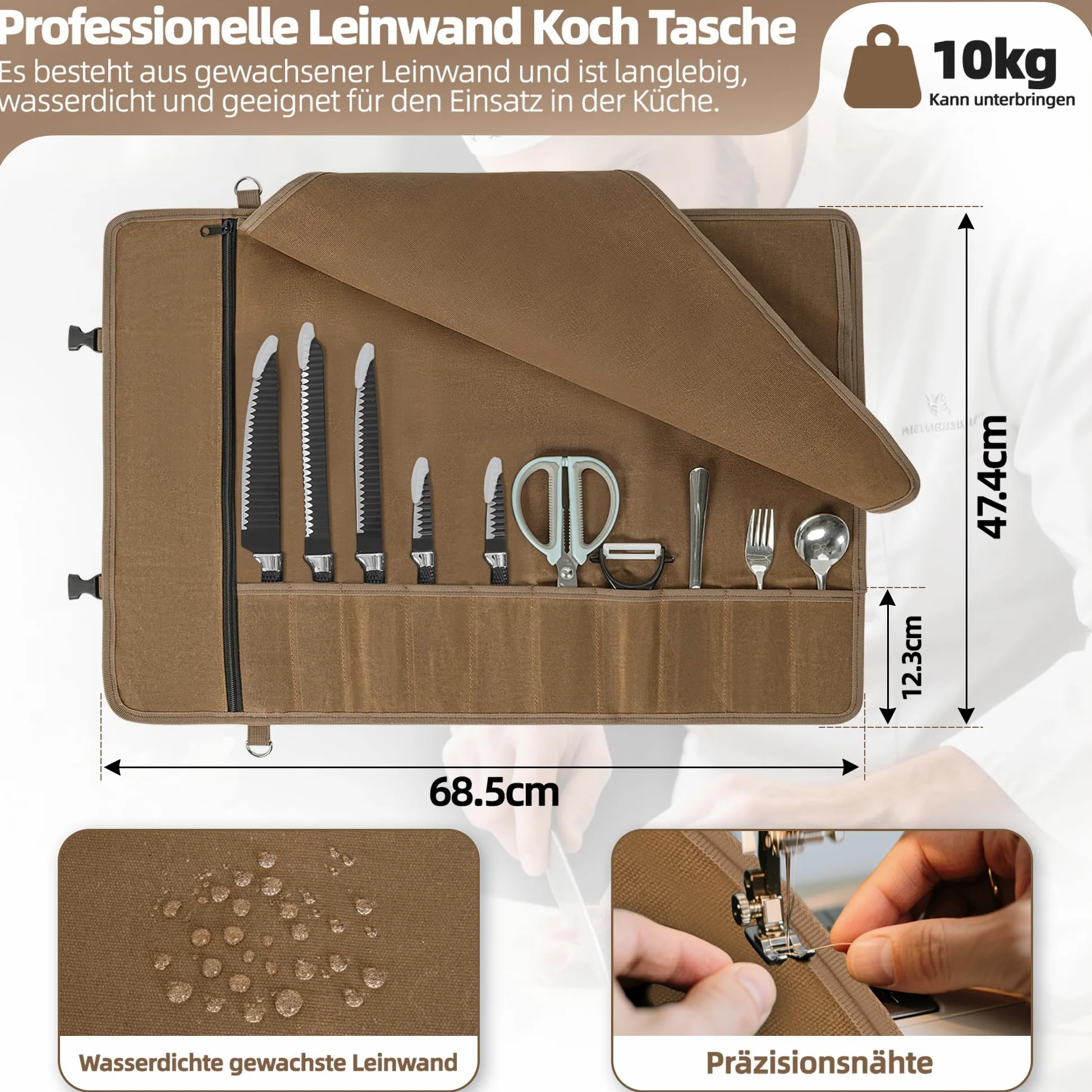 Akozlin Borsa portacoltelli da chef migliorata con 10 scomparti e 1 grande tasca con cerniera in tela cerata, portatile con cinghia regolabile e 30 protezioni per le punte dei coltelli, nero, marrone