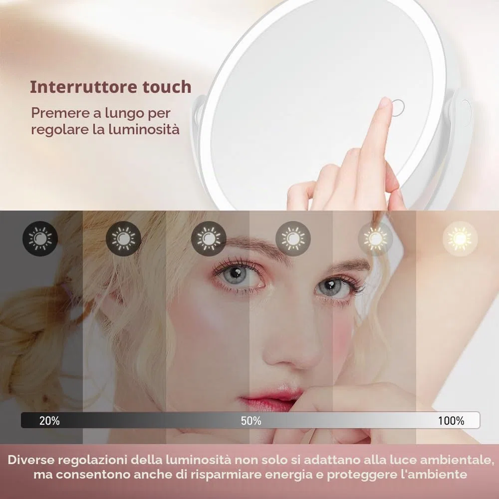 Specchio da trucco con illuminazione, specchio ingranditore 20x con 3 luci colorate, specchio cosmetico con ingrandimento con interruttore bifacciale, specchio ingranditore con luce per camera da
