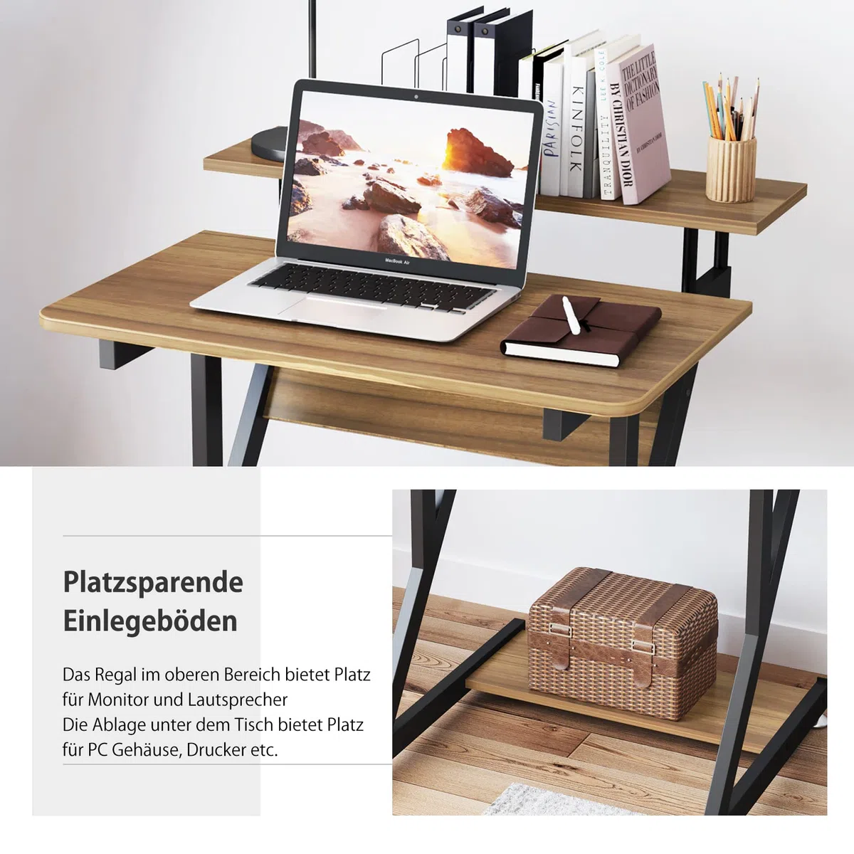 Dripex Scrivania per Computer con Ruote Scrivania 70x60x79 cm Tavolo Porta PC Salvaspazio Z-Tavolo Mobile per Laptop con Ripiani per Piccoli Spazi Home Office (Marrone)