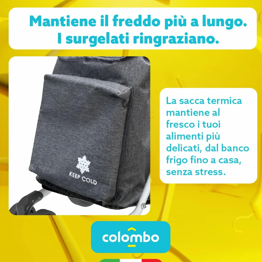 COLOMBO Troll Carrello Spesa in Alluminio Leggero e Resistente 60L con Borsa Termica 4L, 6 Ruote Push&Pull, Manubrio Regolabile Antiscivolo, Porta Monete – Carrello Spesa Pieghevole, Salvaspazio