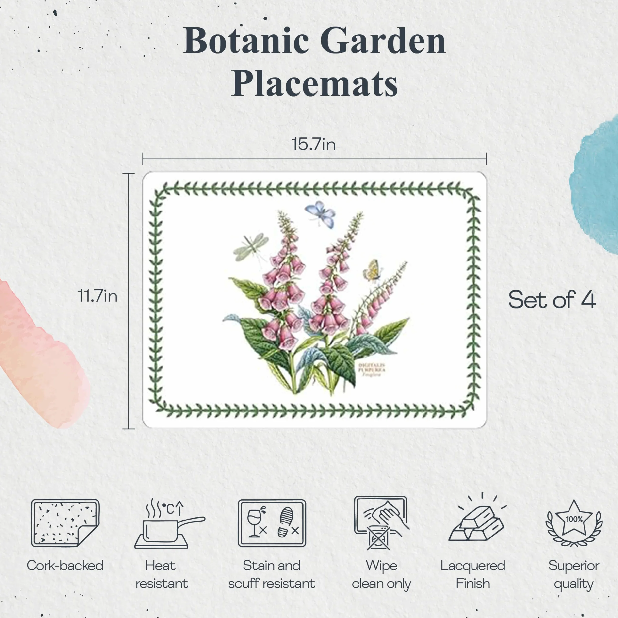 Pimpernel Botanic Garden - Set di 4 tovagliette per tavolo da pranzo in truciolato, con retro in sughero, resistenti al calore, resistenti alle macchie (40 x 29,7 cm), stoviglie uniche per occasioni