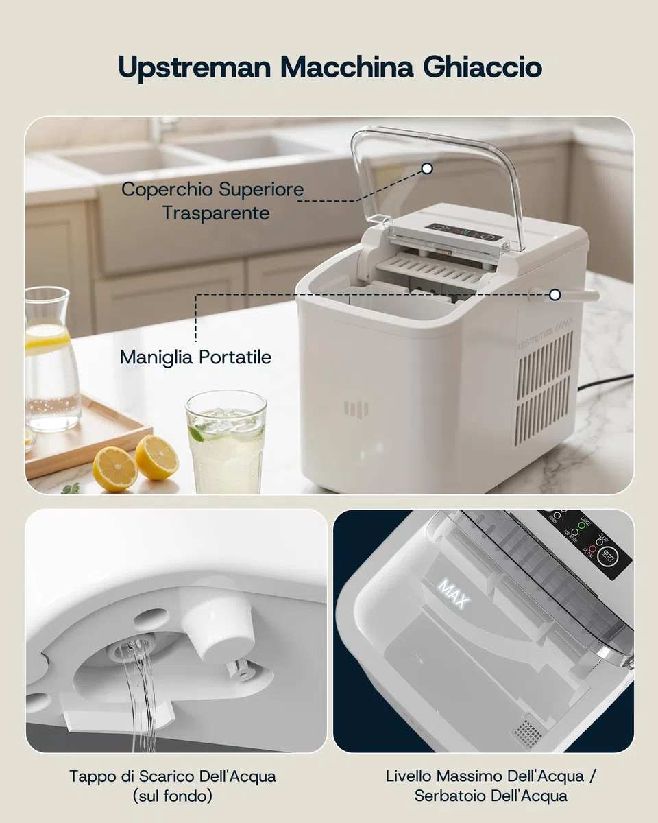 Upstreman Macchina Ghiaccio Autopulente, 12 kg/Giorno, 9 Cubetti in 6-8 Min, 2 Dimensioni di Ghiaccio Selezionabili, Silenziosa & Portatile per Casa, Cucina, Ufficio, Bar e Feste – BI12-Bianco