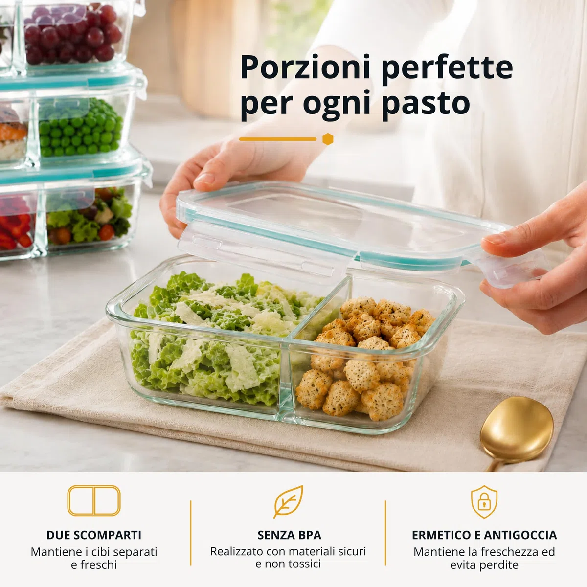 Winter Shore Contenitori Vetro con Coperchio e 2 Scomparti (5 Pezzi) - Bento Box di Qualità Alimentare, Senza BPA, a Prova di Perdite - Set Contenitori Vetro per Microonde, Freezer, Lavastoviglie