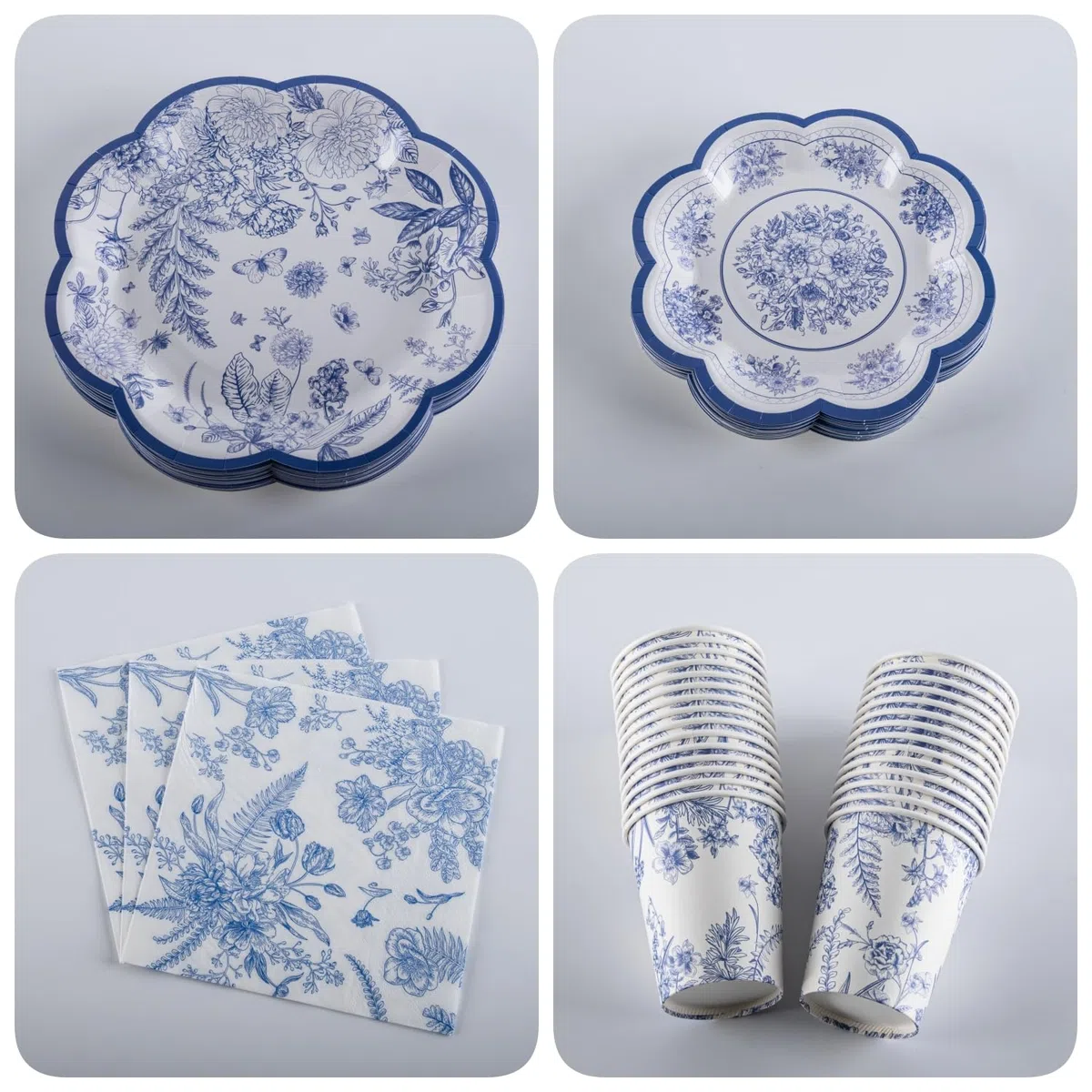 Set di stoviglie da festa vintage PHUNAT per 30 ospiti - Piatti di carta ondulati blu e bianchi, tovaglioli e tazze - Stoviglie eleganti per il tè pomeridiano, compleanni, docce nuziali e feste in