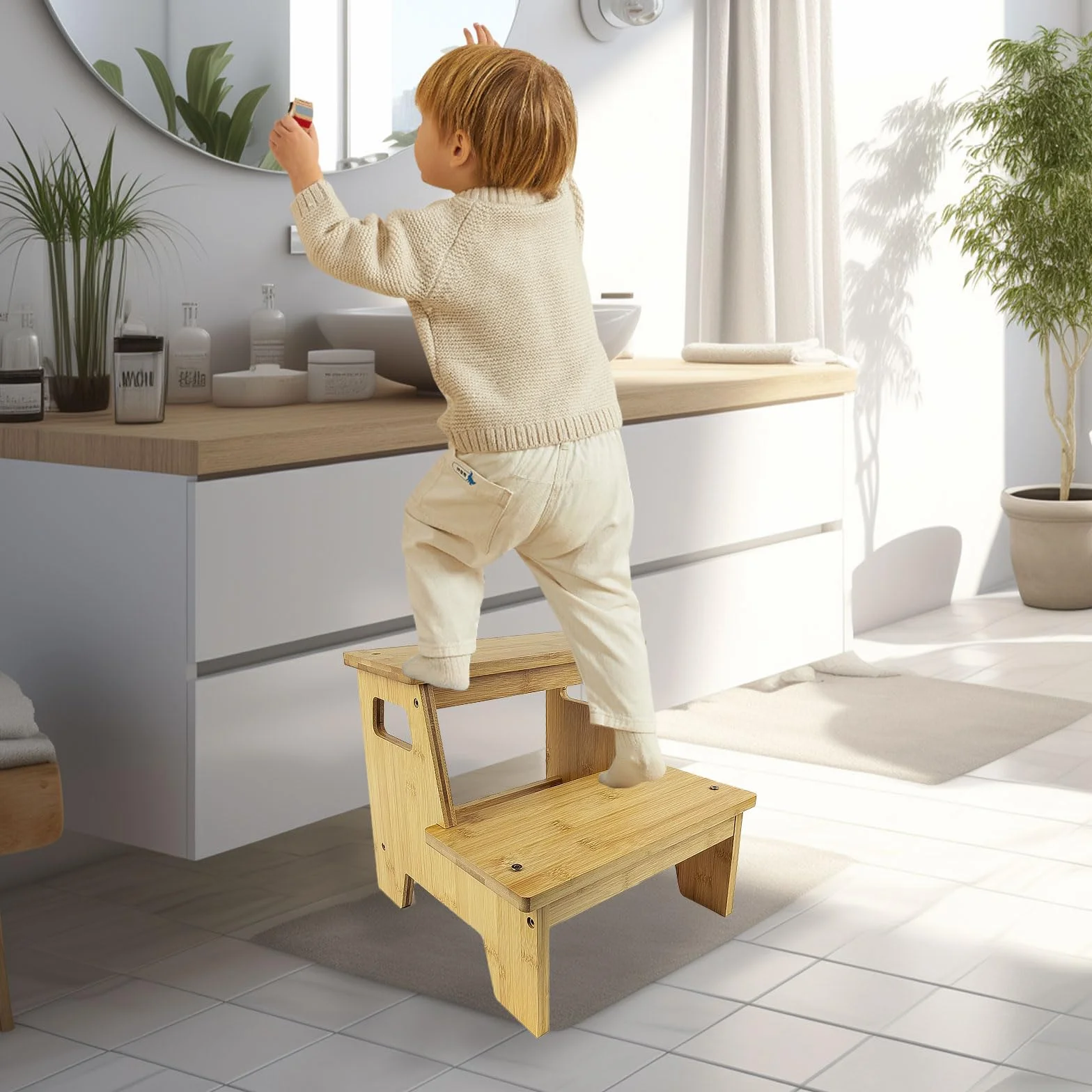 Gradino Legno, con 2 Gradini, Maniglia e Tappetino Antiscivolo, Sicuro e Stabile, Superficie Liscia e Priva di Bave, Adatto a Bagni, Cucine e Camere Dei Bambini
