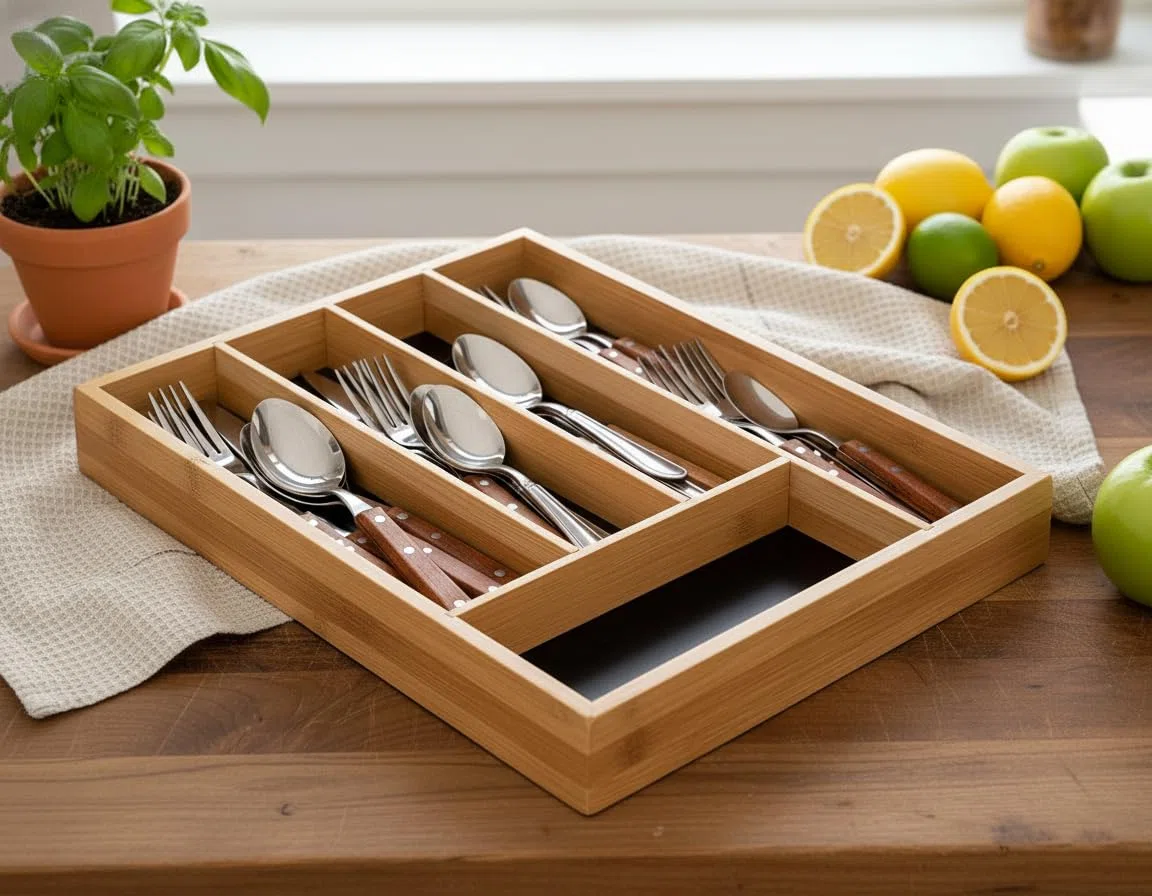 Range Posate in bambù – Organizer per cassetti da cucina a 5 scomparti – resistente e sostenibile ecologico (34 x 25 x 4 cm)