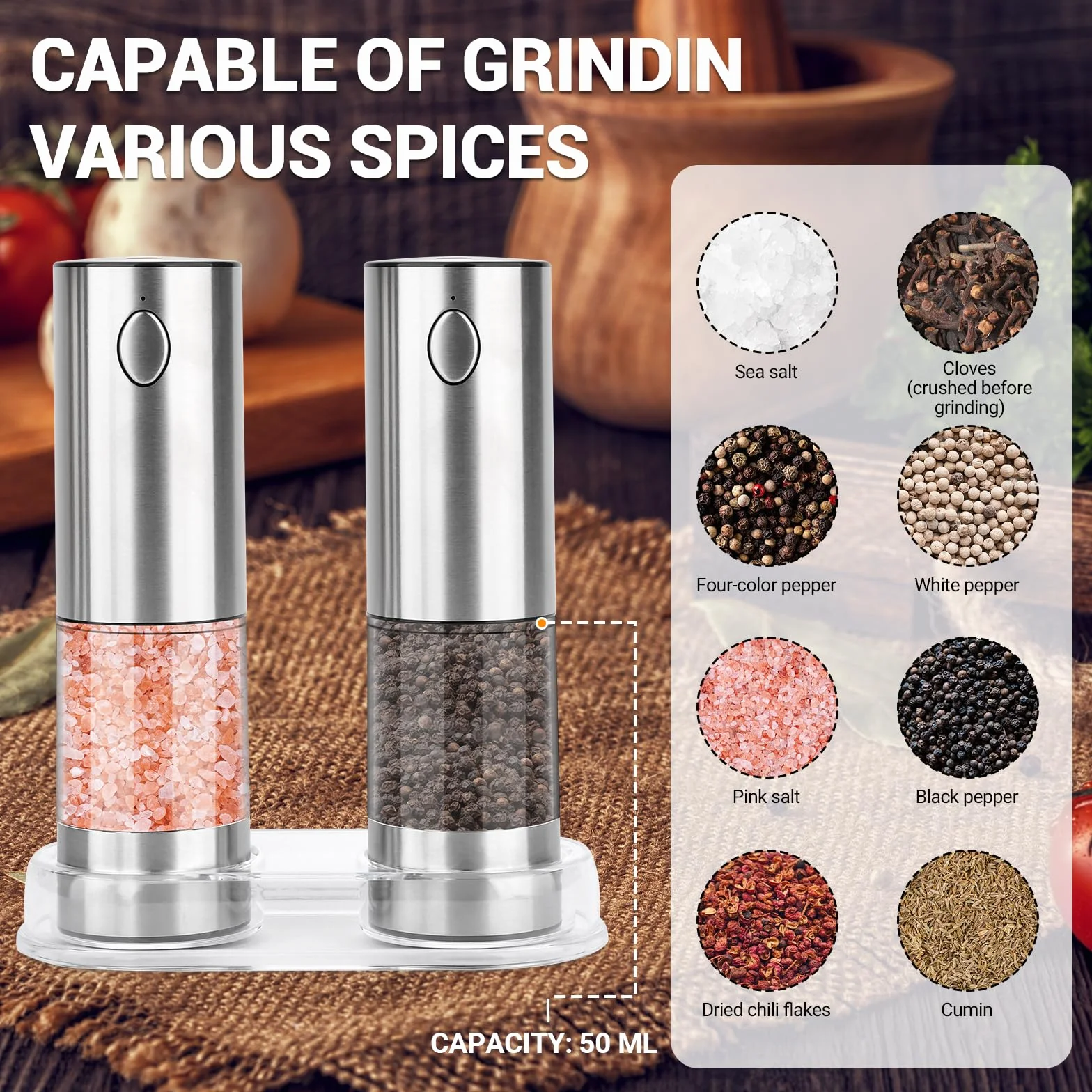 Set macina sale e pepe elettrico,Macinapepe automatici,Macina spezie con macinino in ceramica regolabile con granulometria regolabile,acciaio inox,per cucina e barbecuegrana - Argento
