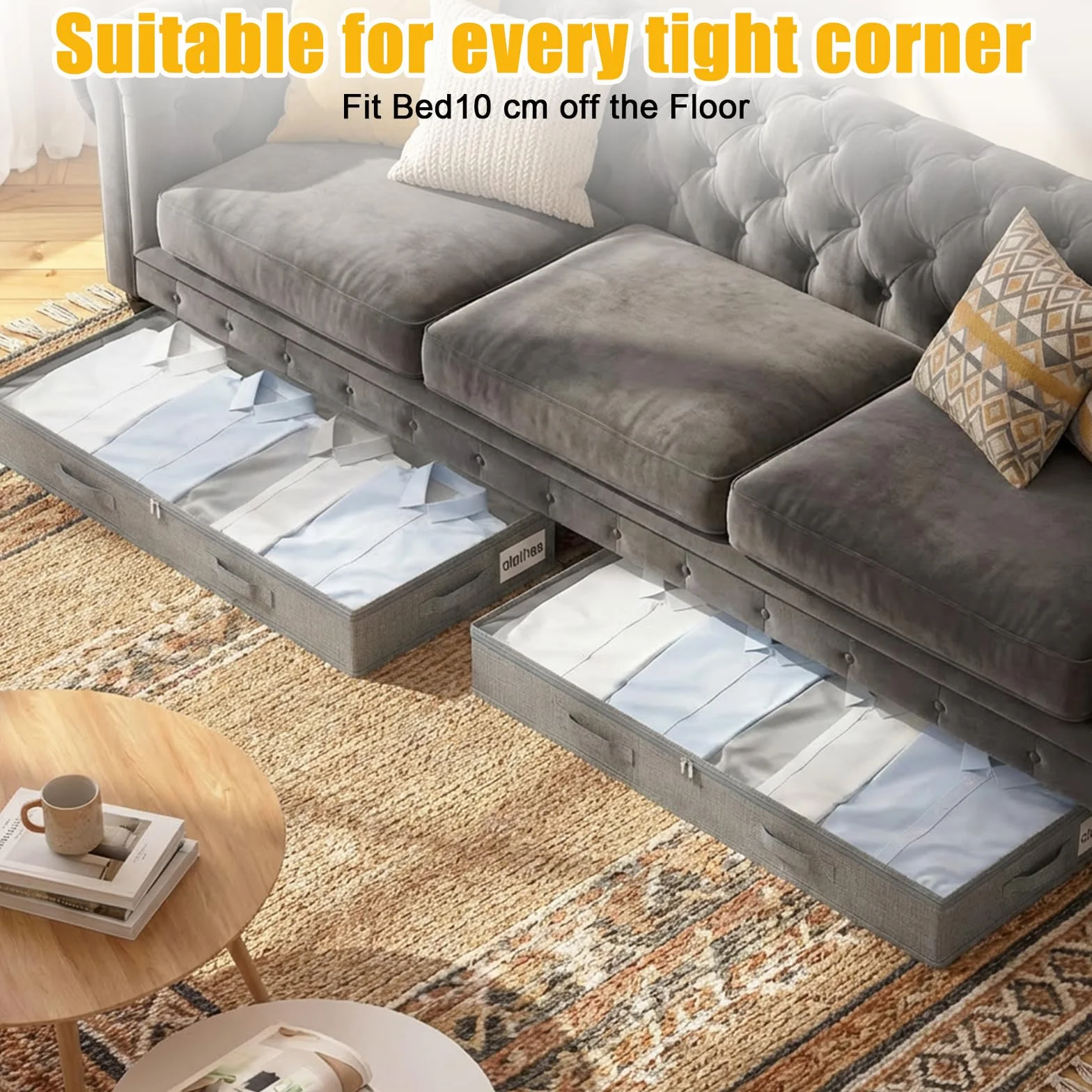 2 Pezzi Contenitori sottoletto,50L Scatole Pieghevoli Portavestiti con Finestra Frontale Trasparente,Scatole con Coperchio per Trapunte Coperte, Scarpe, Beige,100 x 50 x 10 cm