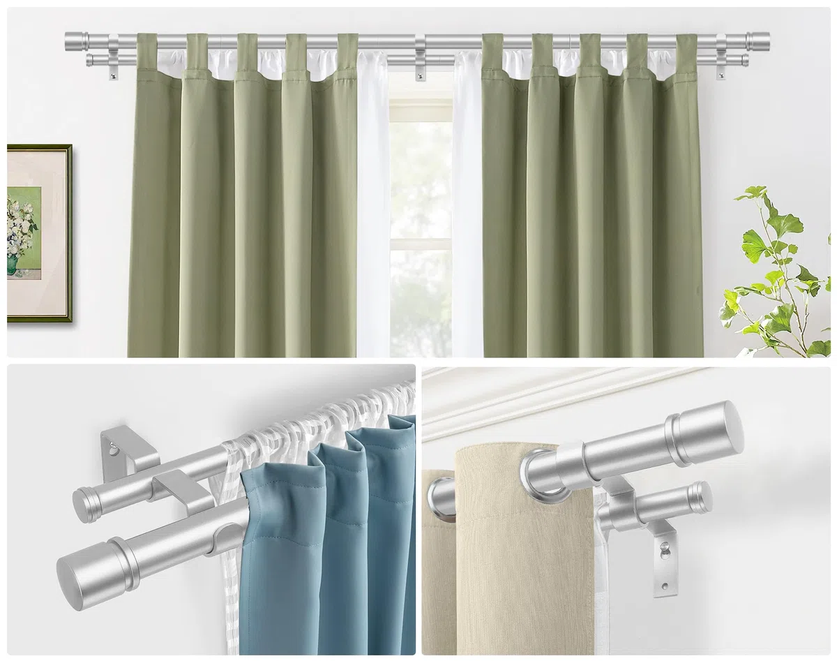 HOTOZON Bastone da Tenda Doppio 80-365 cm, 25 mm Bastone Tenda Doppio Argento Estensibile, Aste per Tende con Finali Semplici con Staffe per Interni, Cucina, Camera da letto