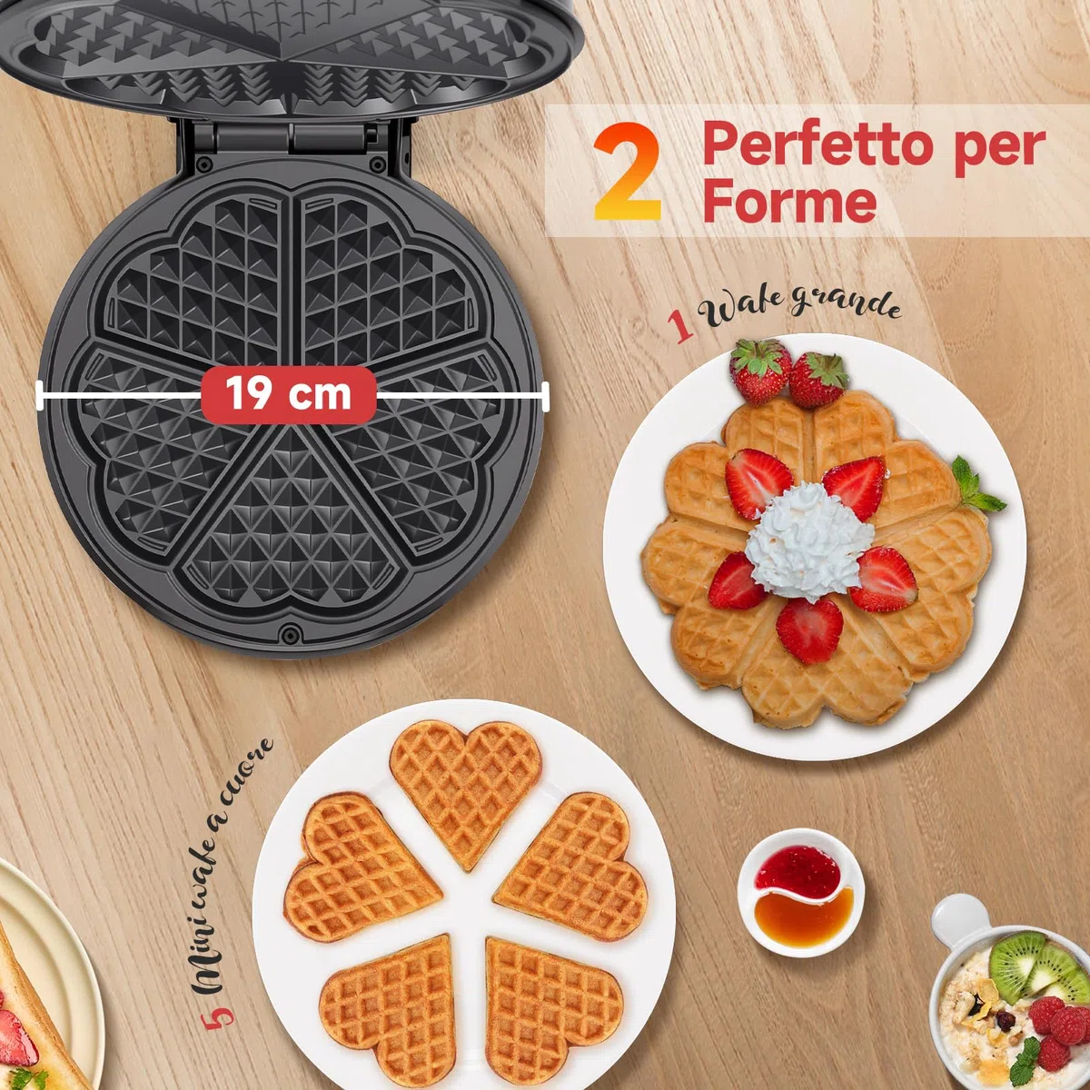 Aigostar Macchina per Waffle a 5 Cuori, 1000W, Piastre Antiaderenti da 19 cm, Cottura Regolabile, Indicatore LED, Maniglie Antiscottatura, Design Compatto in Acciaio Inossidabile, BPA FREE, Crunchy