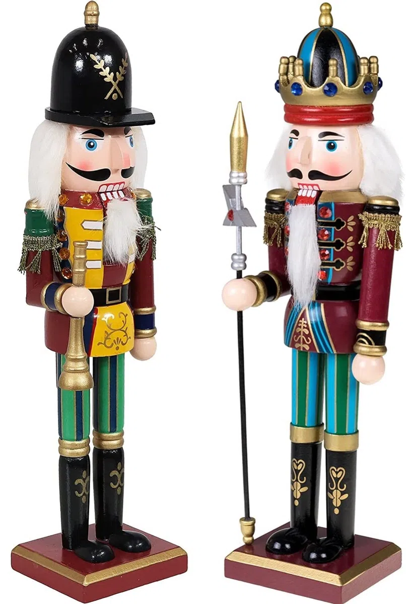 KAHEIGN 2 Pezzi Soldati Schiaccianoci di Legno, 2 Stile 30CM Figure Tradizionali dello Schiaccianoci di Natale Soldato Dipinto in Legno di Pino Premium per Casa Camino Decorazione (Tromba & Lancia)
