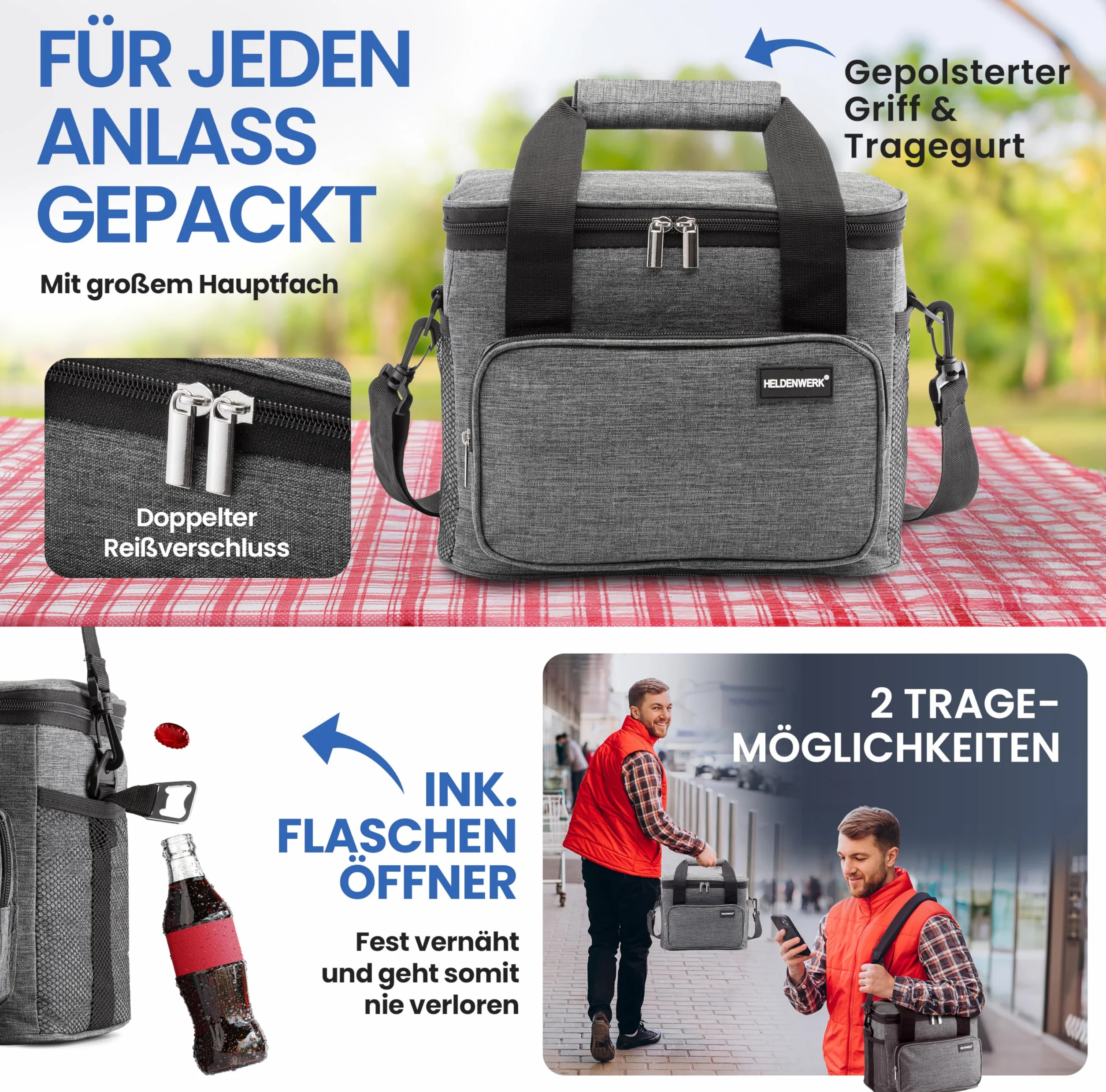 HELDENWERK Borsa termica piccola e pieghevole, 10 l, termica isolata, per cibo e bevande, impermeabile e a prova di perdite, borsa da picnic, borsa frigo, borsa per la colazione, borsa per il pranzo
