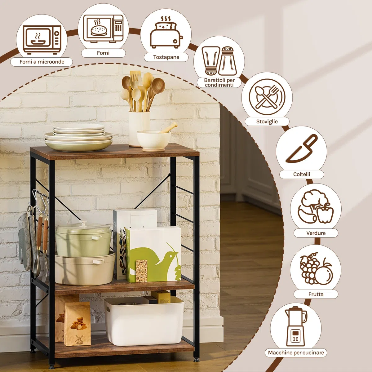 WOLTU Scaffale per Cucina Carrello per Microonde Forno a 3 Ripiani in Metallo e Legno Scaffalature Fioriera Multiuso, Effetto Legno Vintage