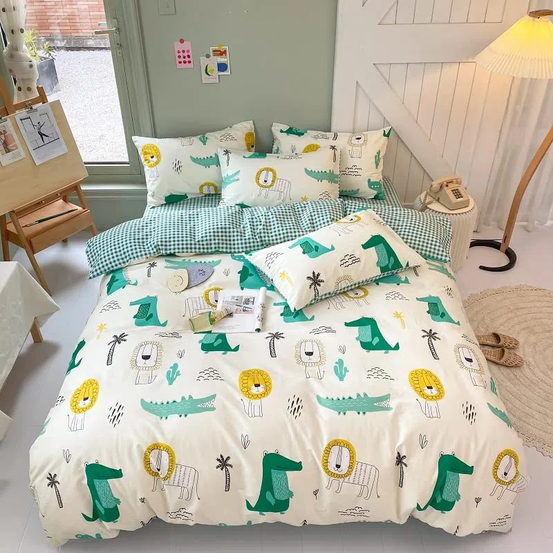 Biancheria da letto in 100% cotone - Taglia singola per bambini, ragazzi e ragazze - Motivi: Animali dei cartoni animati. Copripiumino con stampa di coccodrillo e leone, verde, per tutta la stagione