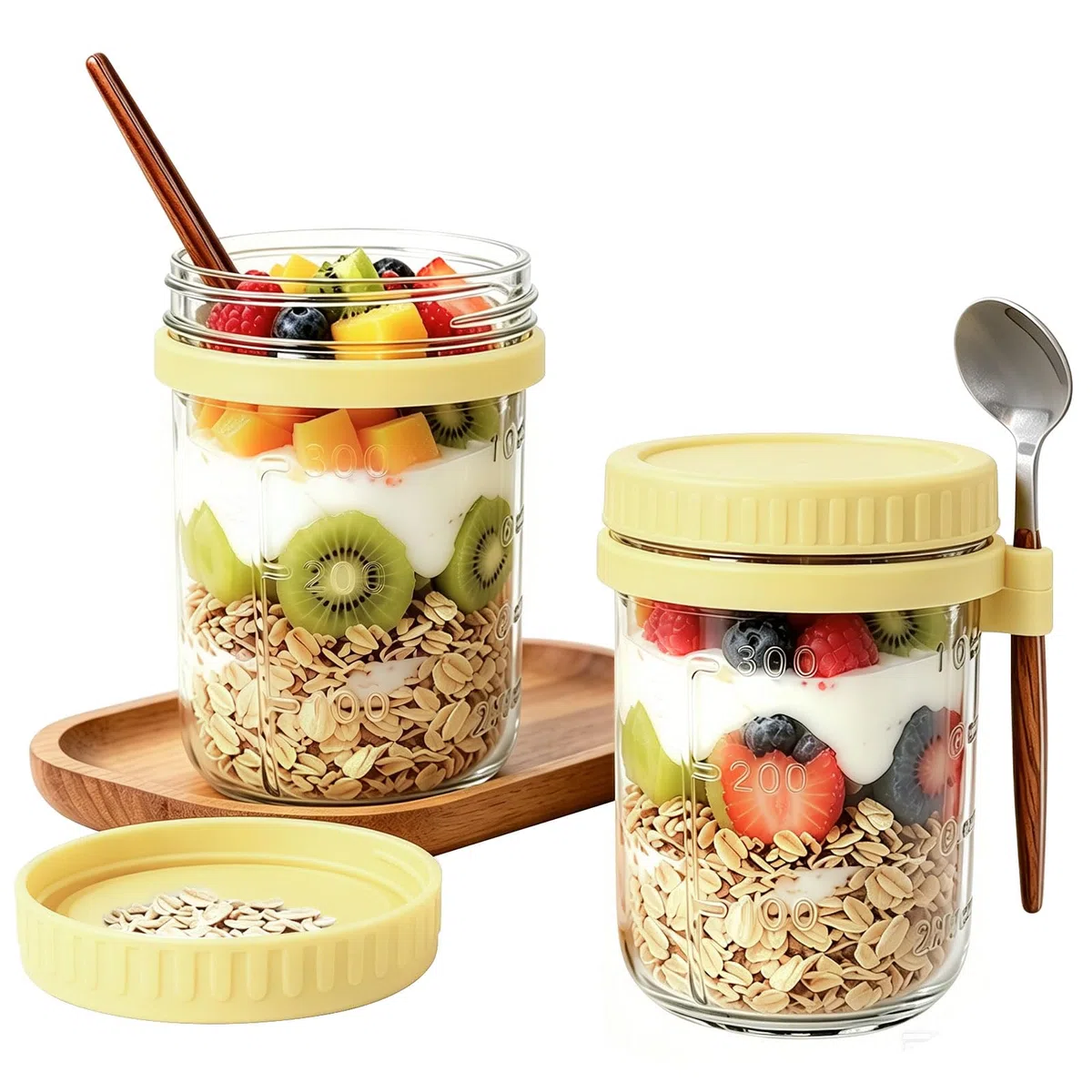 Overnight Oats Jars, 2 pezzi Barattoli di avena durante la notte con coperchio e cucchiaio, Tazza di Muesli To Go, Tazza Yogurt e Cereali per Insalate Latte Cereali Frutta(Giallo, 350 ml)