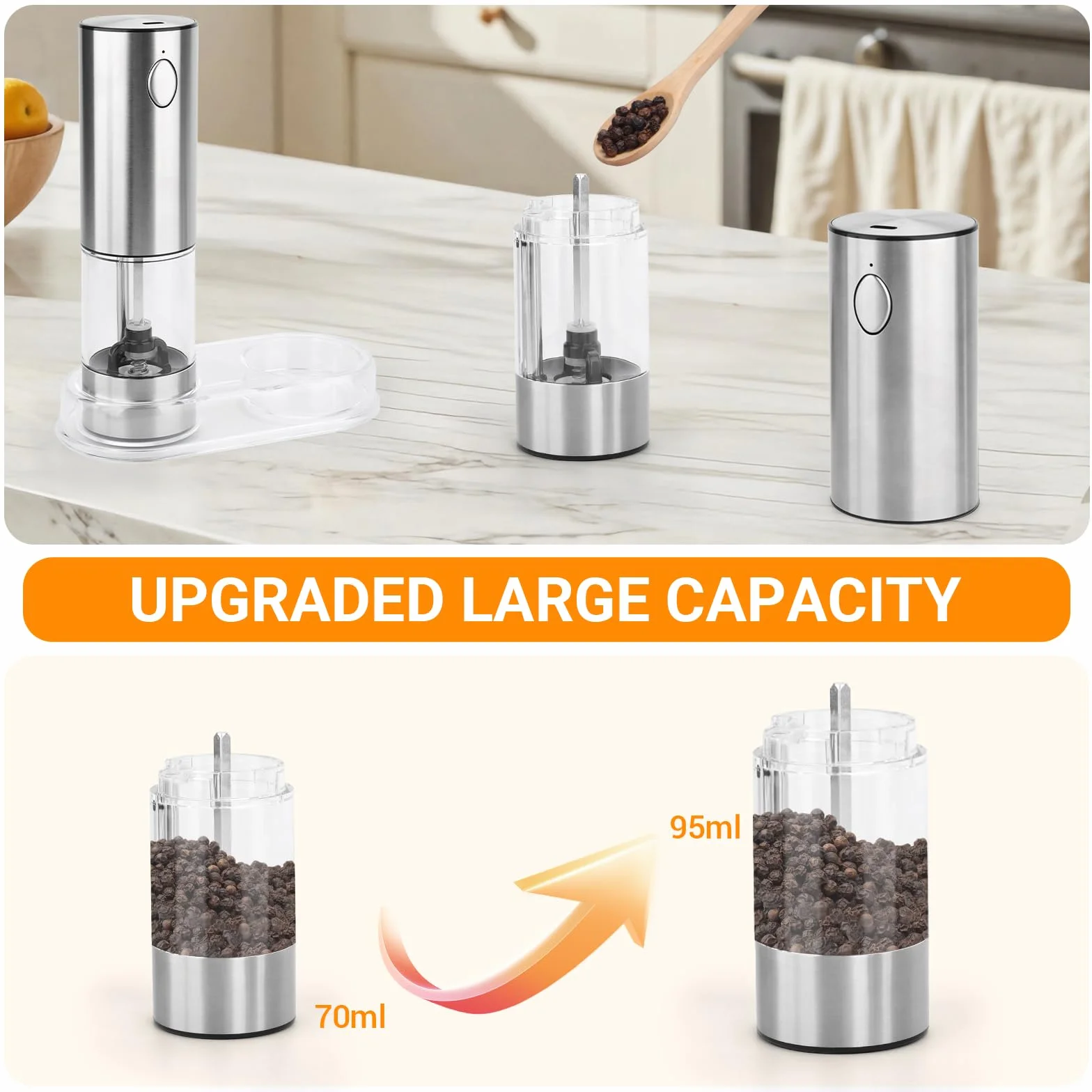 Set macina sale e pepe elettrico,Macinapepe automatici,Macina spezie con macinino in ceramica regolabile con granulometria regolabile,acciaio inox,per cucina e barbecuegrana - Argento