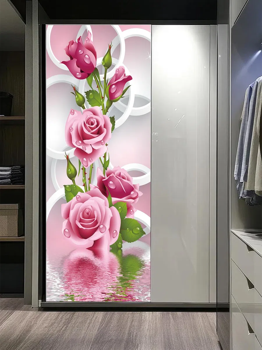 FLFK Adesivi per porte Stacca e attacca - Cerchio di fiori di rosa Carta da parati autoadesiva per pareti e porte poster per la camera da letto e il soggiorno 77x200cm