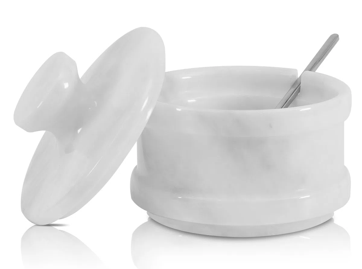 Radicaln Saliera bianca in marmo con coperchio, 8,9 cm, contenitore per condimenti e barattoli per spezie, porta sale in pietra per bancone, barattolo per spezie