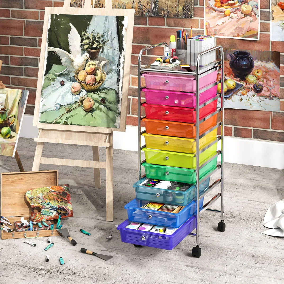 COSTWAY Carrello Portaoggetti con 10 Cassetti, Cassettiera con Ruote, Struttura in Metallo, Ruote Universali Bloccabili e Maniglia, Carrello Organizer per Casa, Ufficio (39 x 32 x 97 cm)
