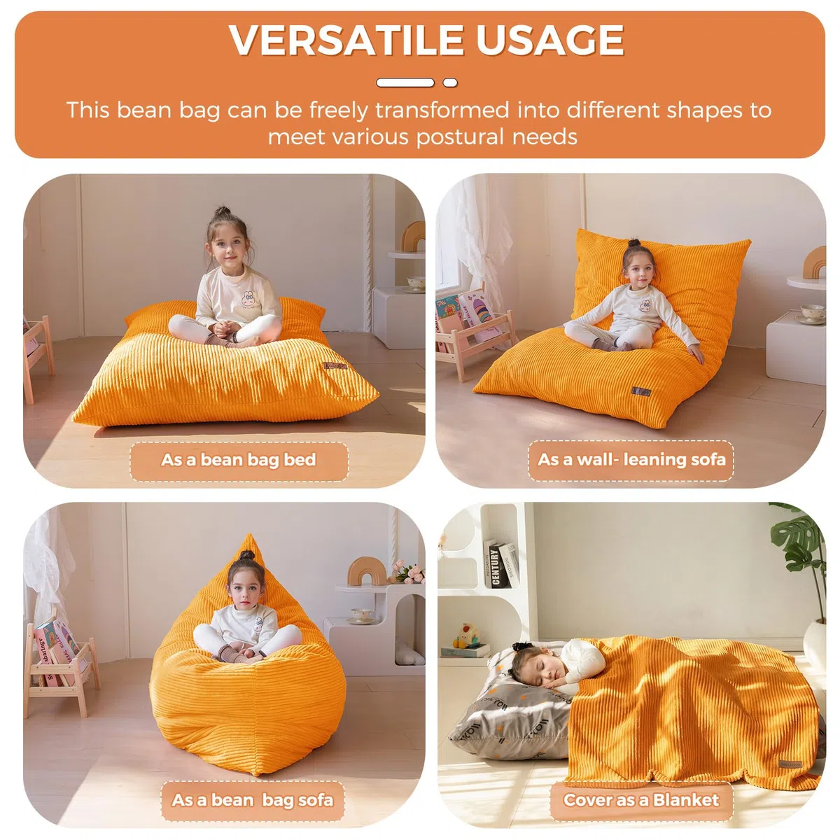 MAXYOYO Pouf da Salotto, Copertura Rimovibile in Velluto Costoluto, Pouf Letto con Imbottitura in Schiuma Morbida, Sacco Puff per Bambini Stabile Senza Struttura, Divano da Salotto