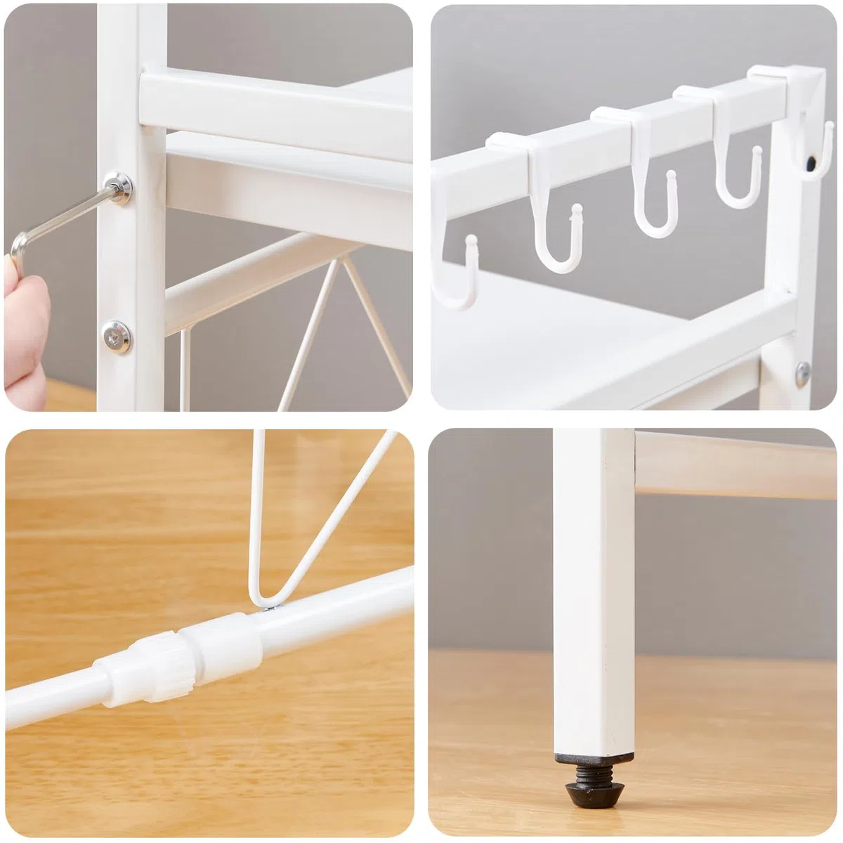 Scaffale allungabile per microonde con 6 ganci, ripiano da bancone per forno a microonde, portaoggetti e organizzazione da cucina, supporto per panettiere per spezie, organizzatore per
