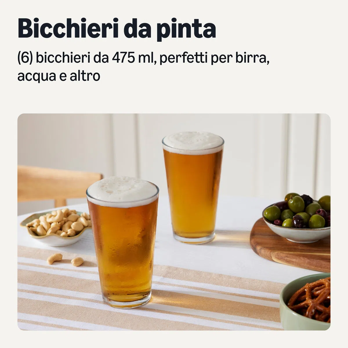 Amazon Basics Bicchieri da Pinta, Set di 6 Pezzi, 473ml, Vetro, Lavabili in Lavastoviglie
