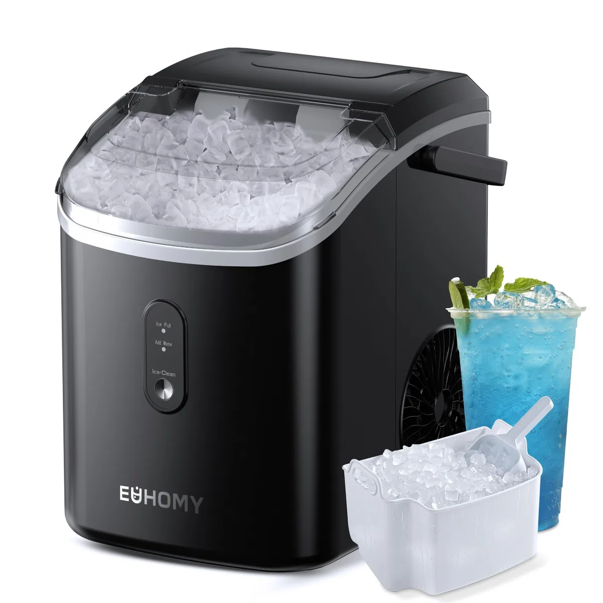 EUHOMY Macchina per cubetti di ghiaccio, 15 kg/24 h, produzione in 6 minuti, Crushed Ice Maker, Nuggets Ice, pulizia automatica, 120 W, macchina per cubetti di ghiaccio da tavolo, sensore a