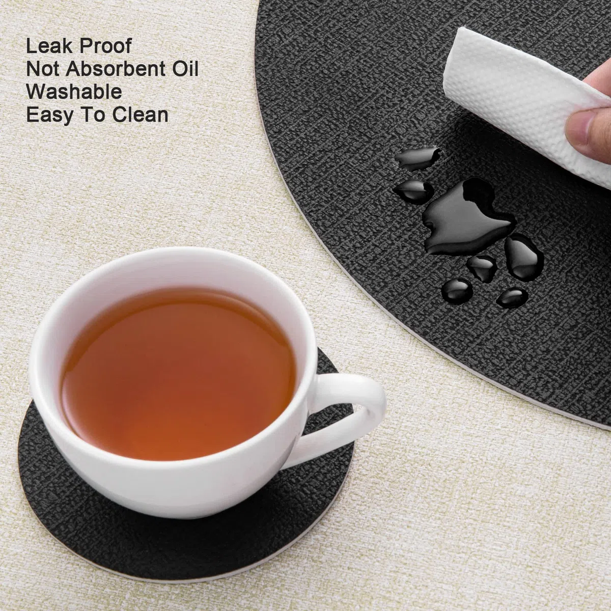 Myir JUN Tovagliette Americane e Sottobicchieri Set di 6, Tovagliette Rotonde 36 cm Tovagliette Colazione Plastica in Pelle Tovaglietta Americana Impermeabile Lavabili (Crema Nero, Set di 6)