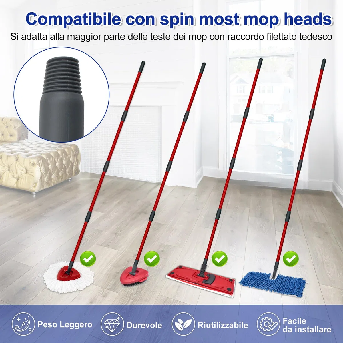 Spin Manico di Ricambio Mop Compatible With Vileda Turbo Spin Mop EasyWring Adjustable 4 Section Rod Rimovibile