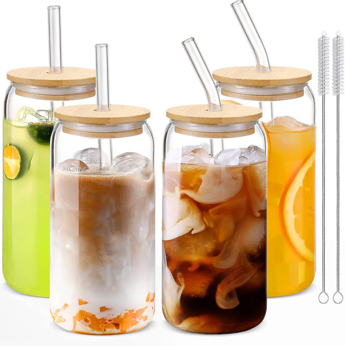 Bicchieri da cocktail con coperchio e cannuccia,tazza da caffè ghiacciata,bicchieri da bere,4 pezzi con birra al frullata,birra in vetro può forma,per cocktail,frappè, succhi, frullati,birre
