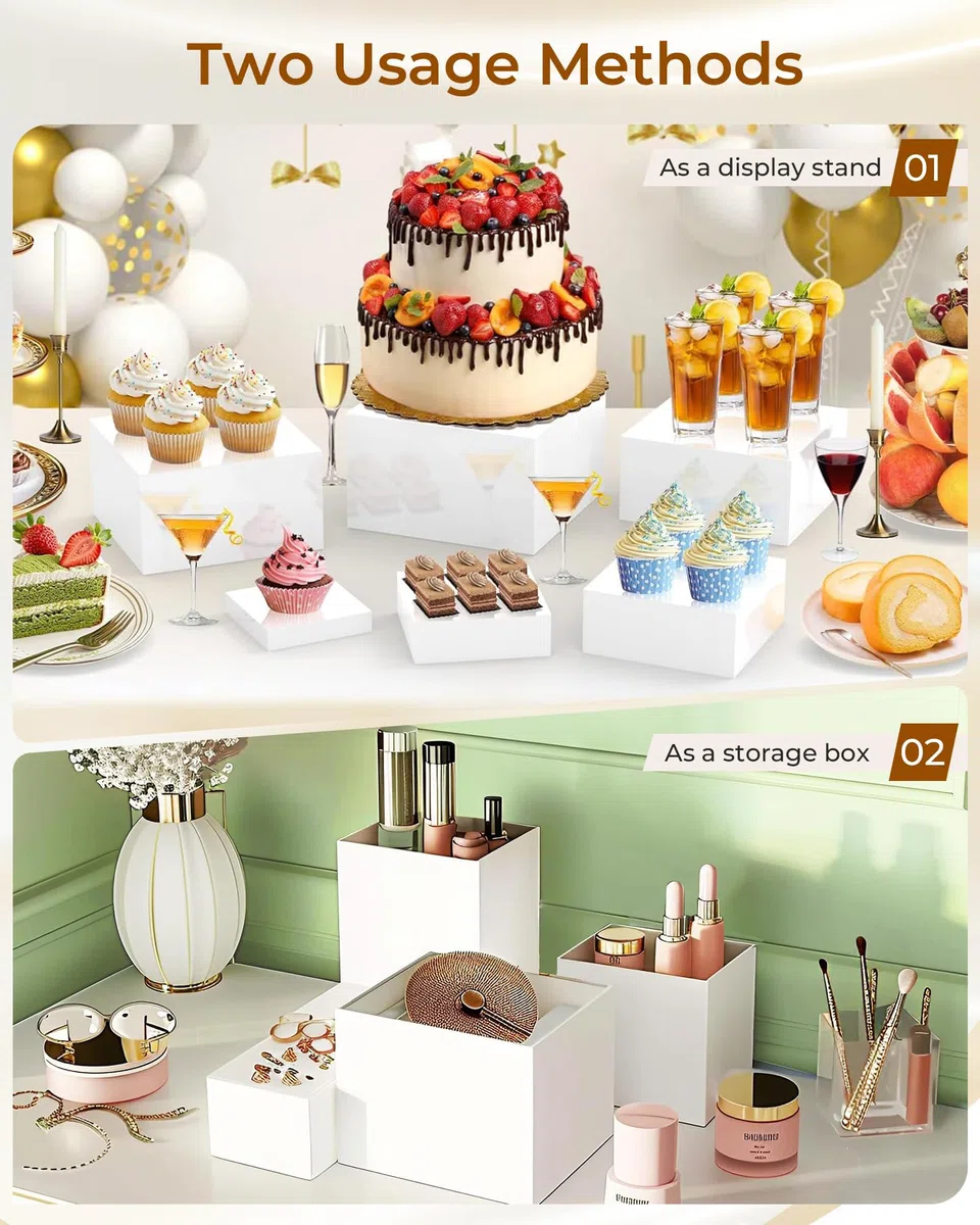 Alzatine per Allestimenti, Set di 8 Alzate per Buffet, Espositore da Buffet per Aperitivo, Alzata per Dolci in Acrilico per Torte, Dessert, Gioielli, Supporto Cubico Annidabile Bianco （3-10in）
