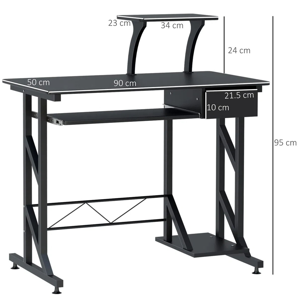 HOMCOM Scrivania per Computer Salvaspazio in Acciaio e Legno, Scrivania da Ufficio con Cassetto, Ripiano Tastiera Estraibile 90 x 50 x 95cm
