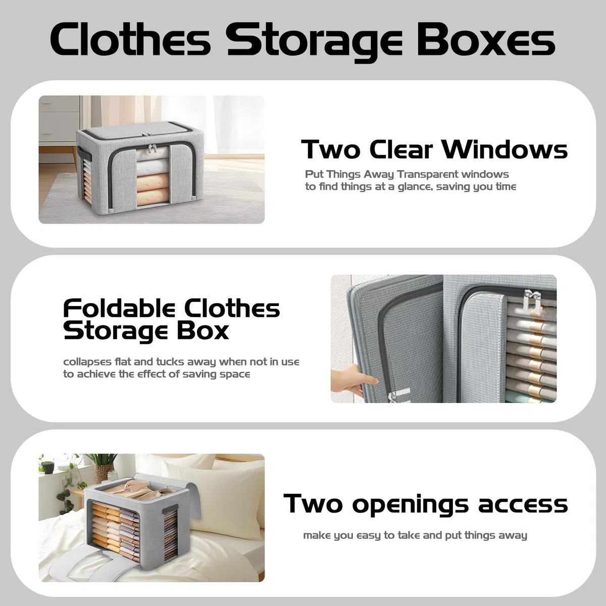 Lot di 2 Scatole per Armadio Rigide 66L, 50x40x33CM Scatole per Vestiti con Telaio in Metallo, Oxford & Doppia Finestra/Zip, Contenitori per Armadio Salvaspazio, Grigio