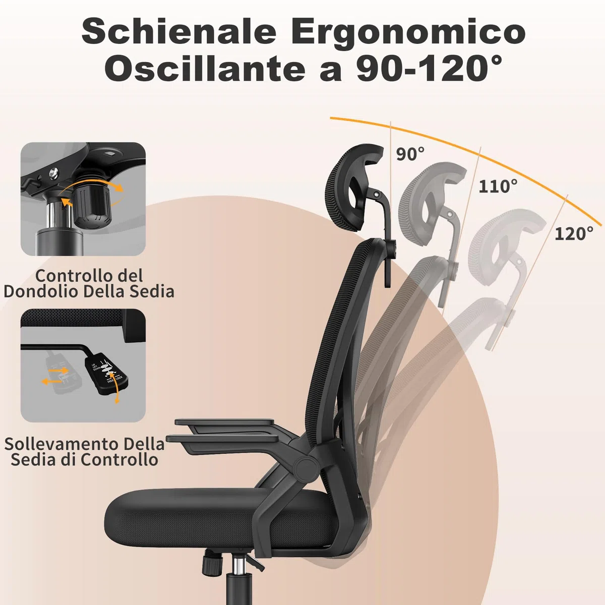 naspaluro Sedia da Ufficio,Con Braccioli Ribaltabili a 90°,Sedie Scrivania Ergonomica Lombare, Con Poggiatesta, Rivestimento in Rete Traspirante, Sedia Girevole a 360° Con Funzione Swing,Nero