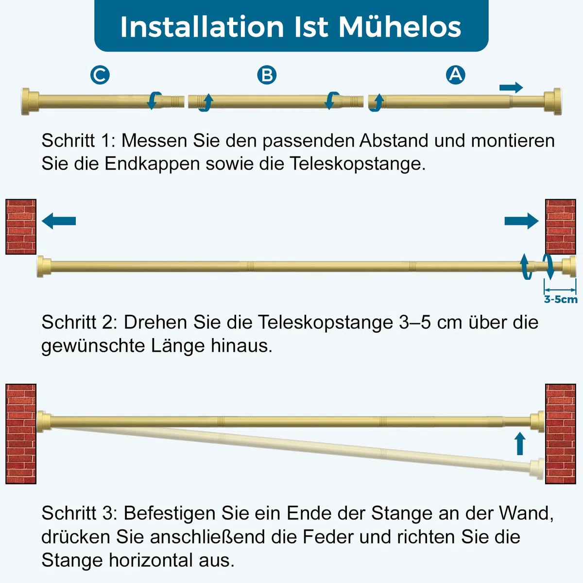 Asta per tende senza fori, 79 – 200 cm, Ø 22 mm, asta doccia a morsetto, asta estensibile per finestre, guardaroba e bagno (oro)