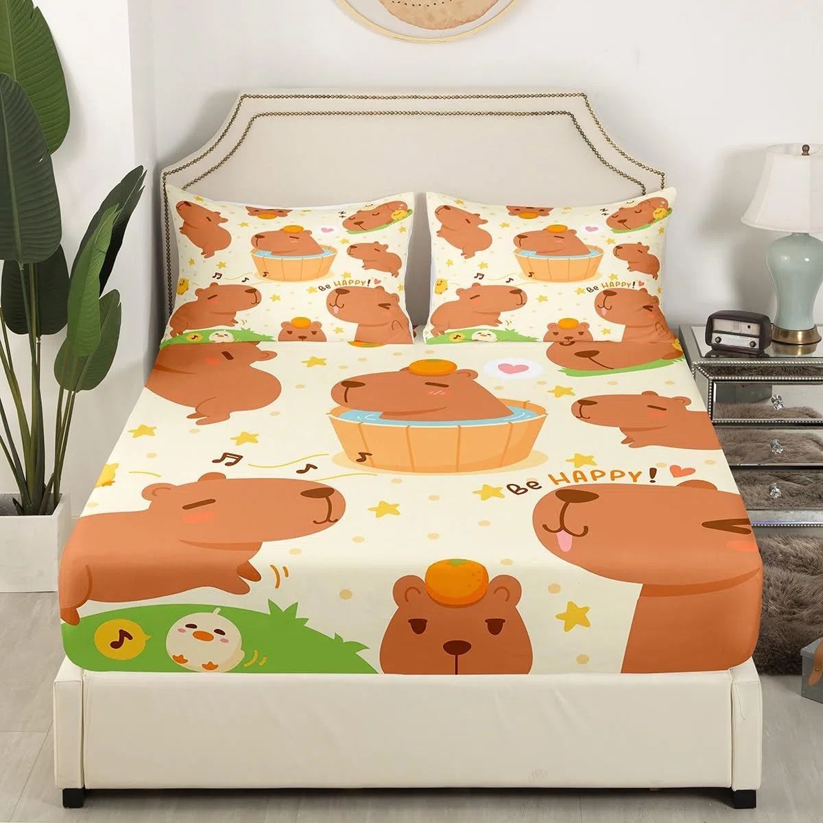 Set di biancheria da letto con angoli Capybara marrone con motivo a fumetti Capybara Set di lenzuola per bambini ragazzi ragazze floreale Capybaras copriletto Decor camera in microfibra set letto sin