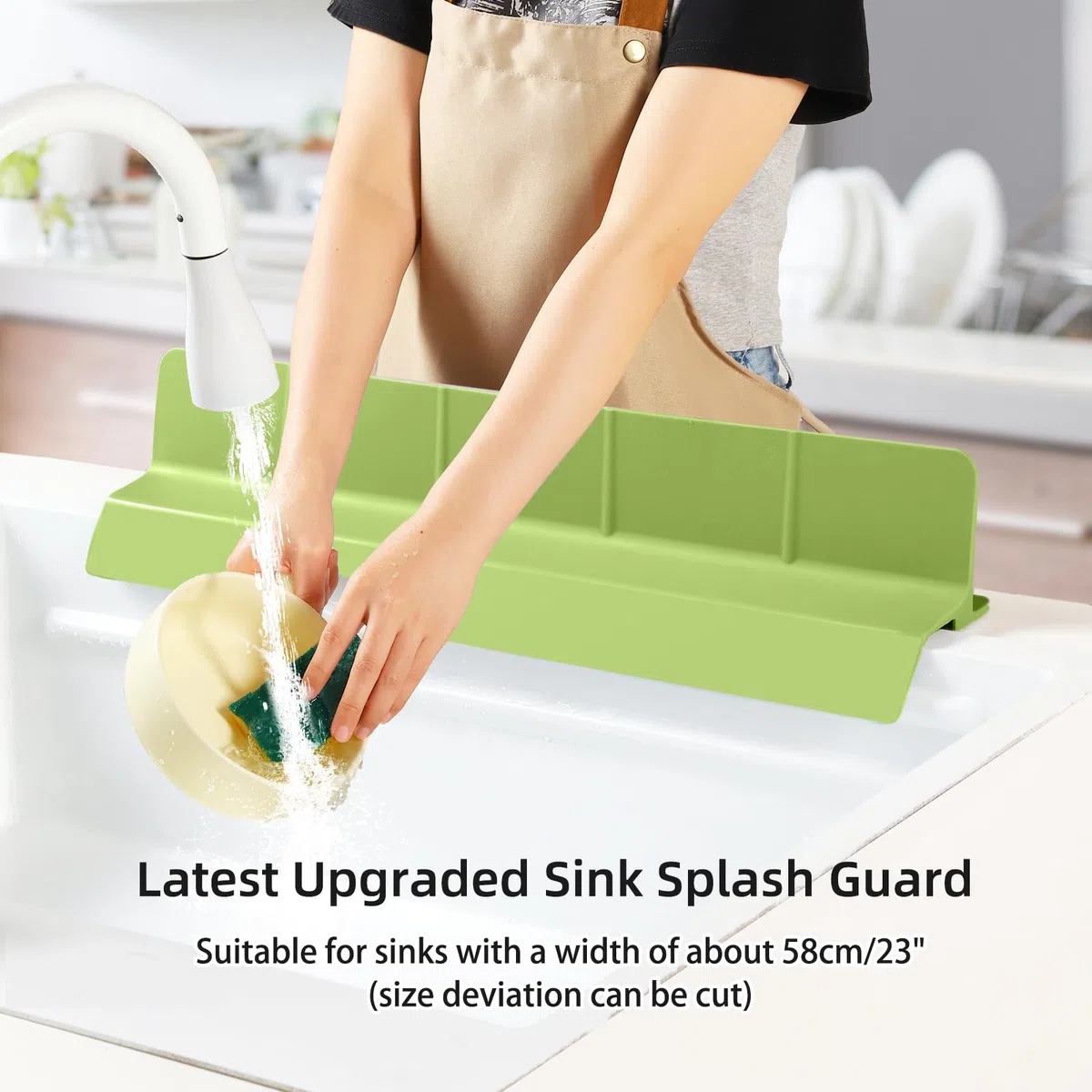 Tappetino antispruzzi in silicone per lavello da cucina, 58 cm, autosvuotante con bordo di protezione alto e 7 forti ventose, per bagno e isola di cucina, verde Matcha