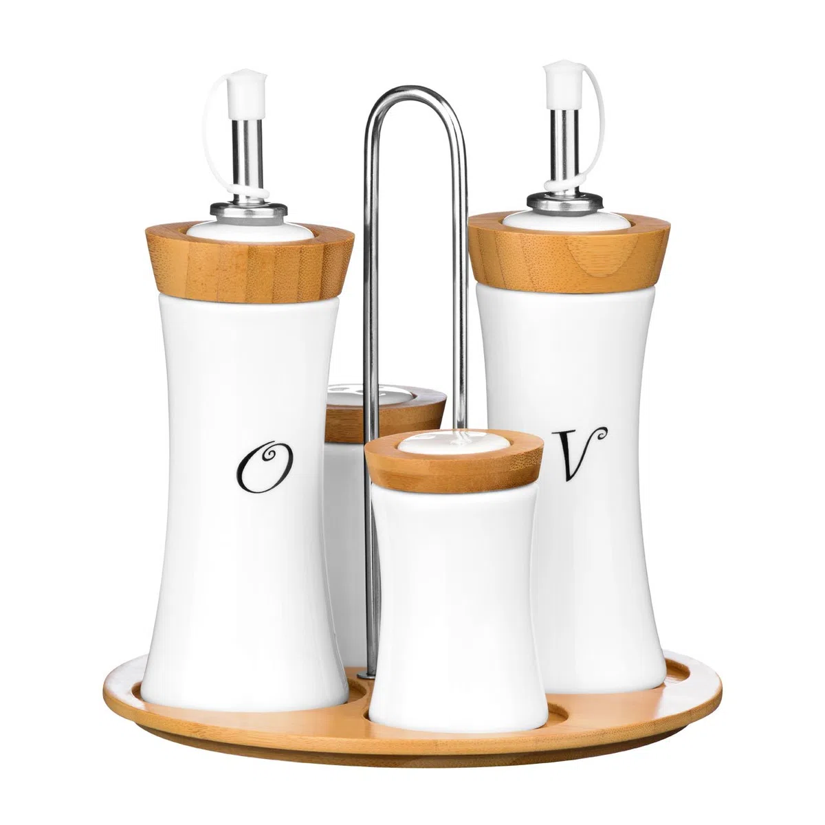PREMIER Housewares 1103947 Set di Condimenti, 4 Pezzi, Olio/Aceto/Sale/Pepe, in bambù/Ceramica