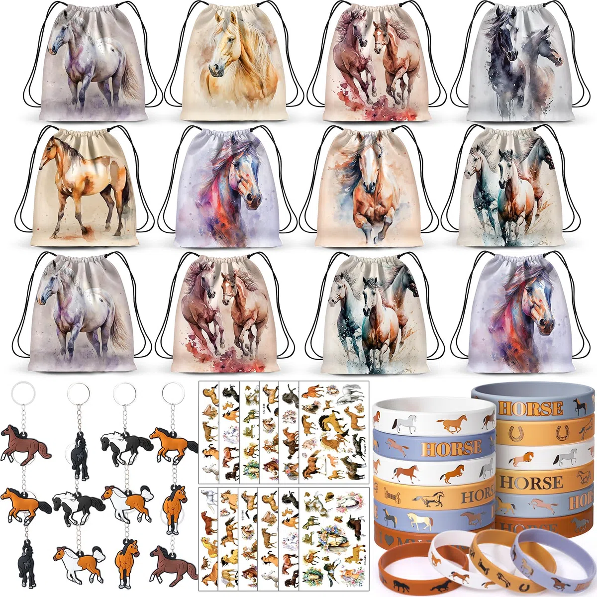 Toyssa Cavallo Gadget Compleanno Bambini, Regalini Fine Festa Compleanno con Sacca Sportiva Braccialetti Silicone Portachiavi, Cavallo Giocattolo Pignatta per Cowboy Cowgirl