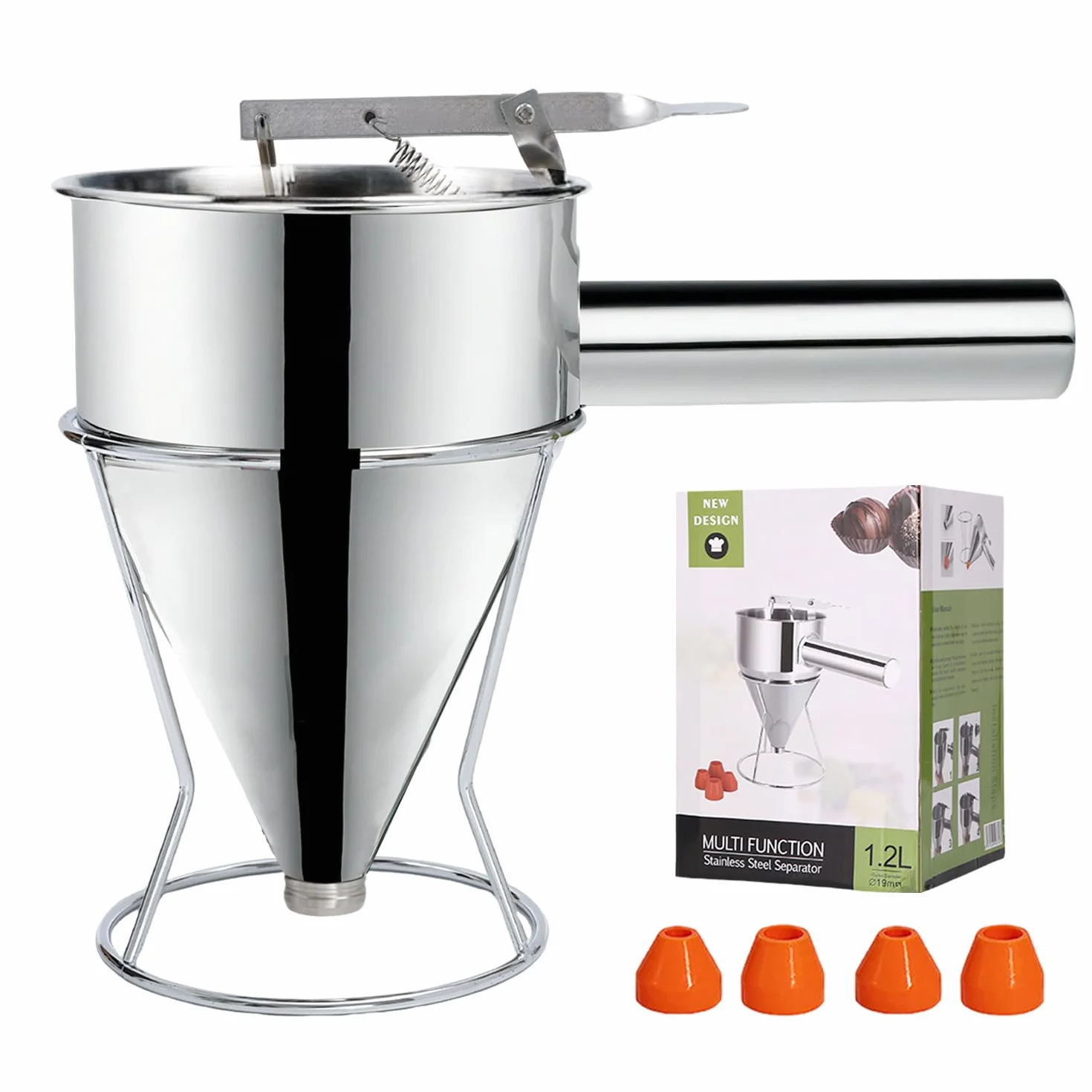 Imbuto Cucina, 1200ml Imbuto per Pasticceria da Cucina in Acciaio Inox, Dosatore per Impasti con Supporto e 4 beccucci in silicone per Torte, Frittelle, Dessert, Waffle, Muffin