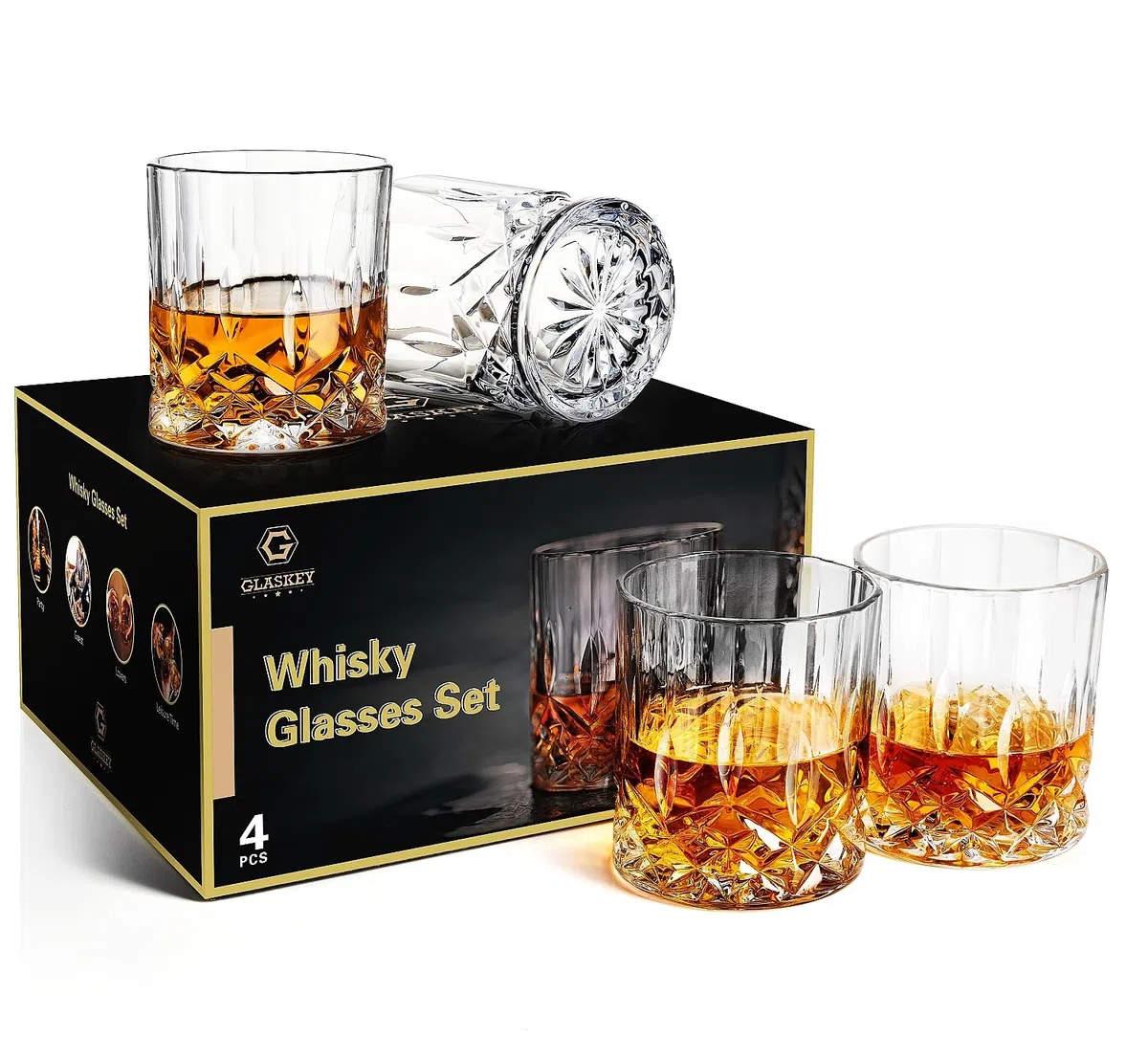 GLASKEY 4 Pezzi Bicchieri da Whisky,320 ml Bicchiere Cocktail e Whiskey Cristallo,Bicchieri da Bourbon per Cocktail Rum Vodka Scotch Gin Cognac Acqua,Idee Regalo Uomo Compleanno