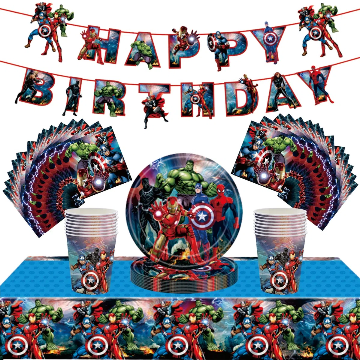54 pezzi decorazioni per feste da tavolo supereroi per compleanno dei ragazzi, decorazioni cartone animato supereroi Avengers tovaglia, piatti di carta da 17,8 cm, striscione, tovaglioli di carta per