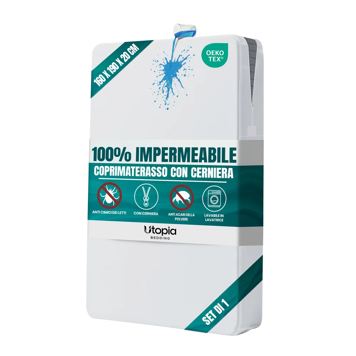 Utopia Bedding Coprimaterasso Impermeabile (160 x 190 x 20 cm), Coprimaterasso con Cerniera, Protegge Dagli Acari Della Polvere e Dalle Cimici dei Letti, Bianco