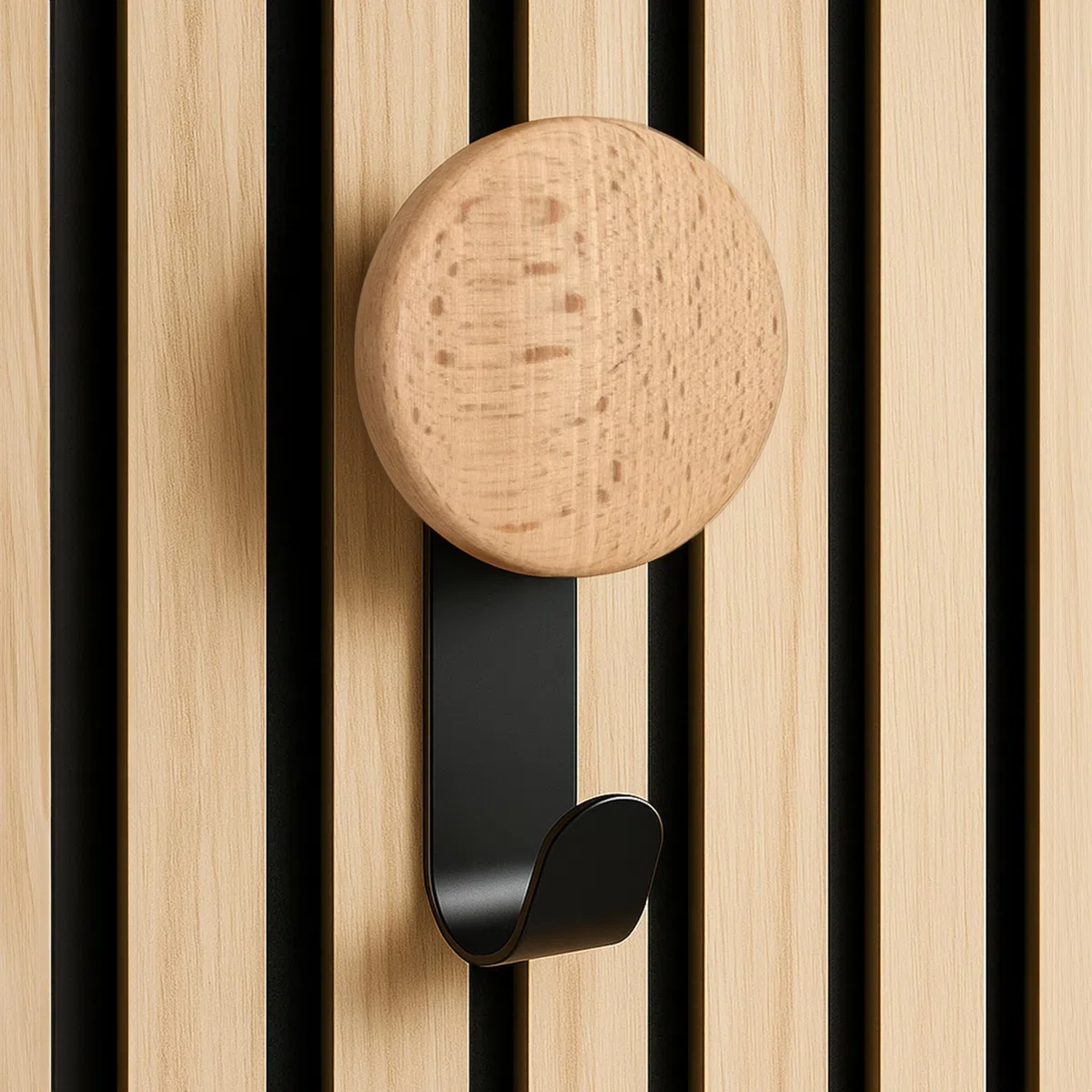 Ganci per pannelli acustici senza forature – Set da 3 – Appendiabiti neri con pomello in legno di faggio – Gancio da parete – Ganci porta abiti per pannelli acustici